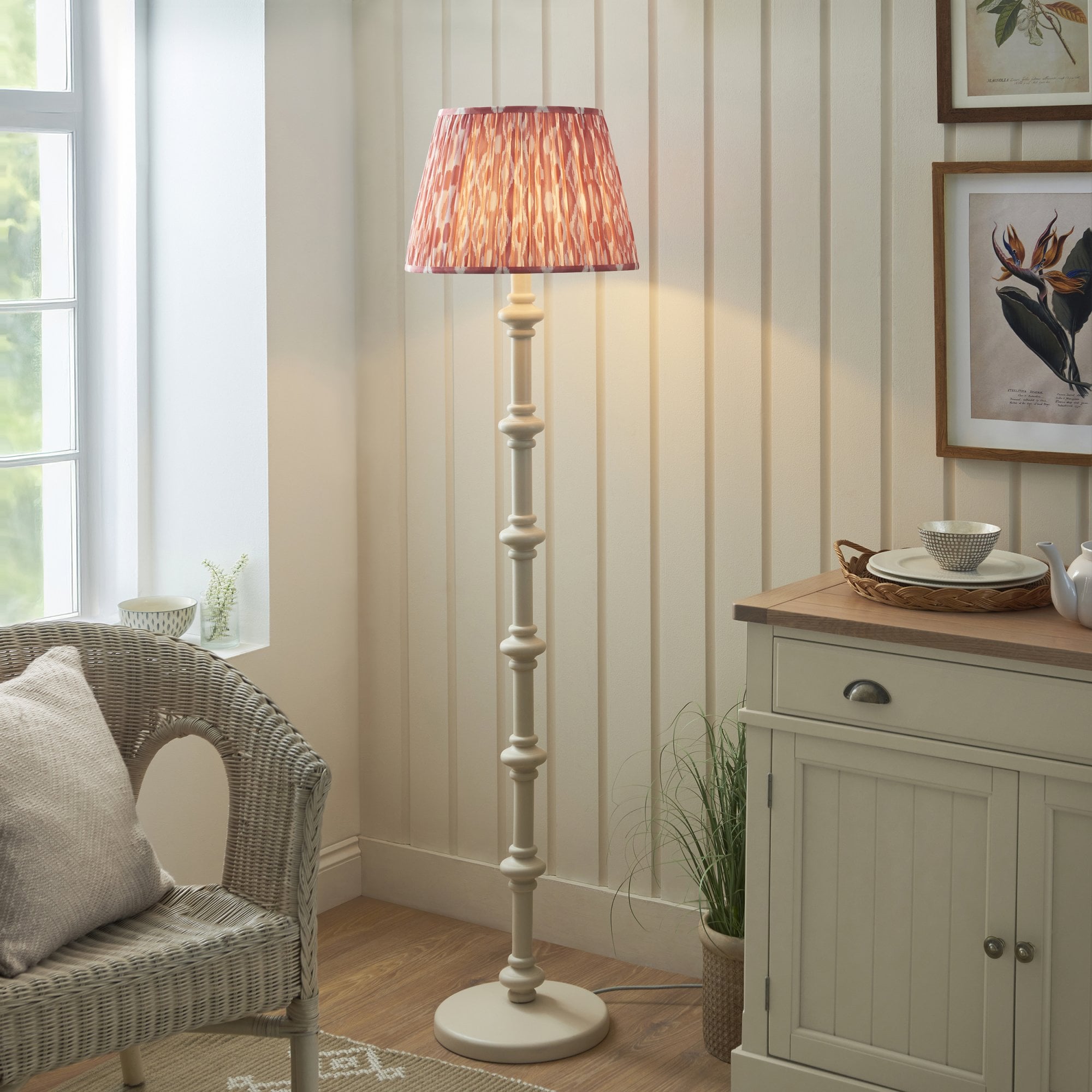 Endon Carnaby Satin Almond White Floor Lamp & Ikat 40cm Coral Pink Shade