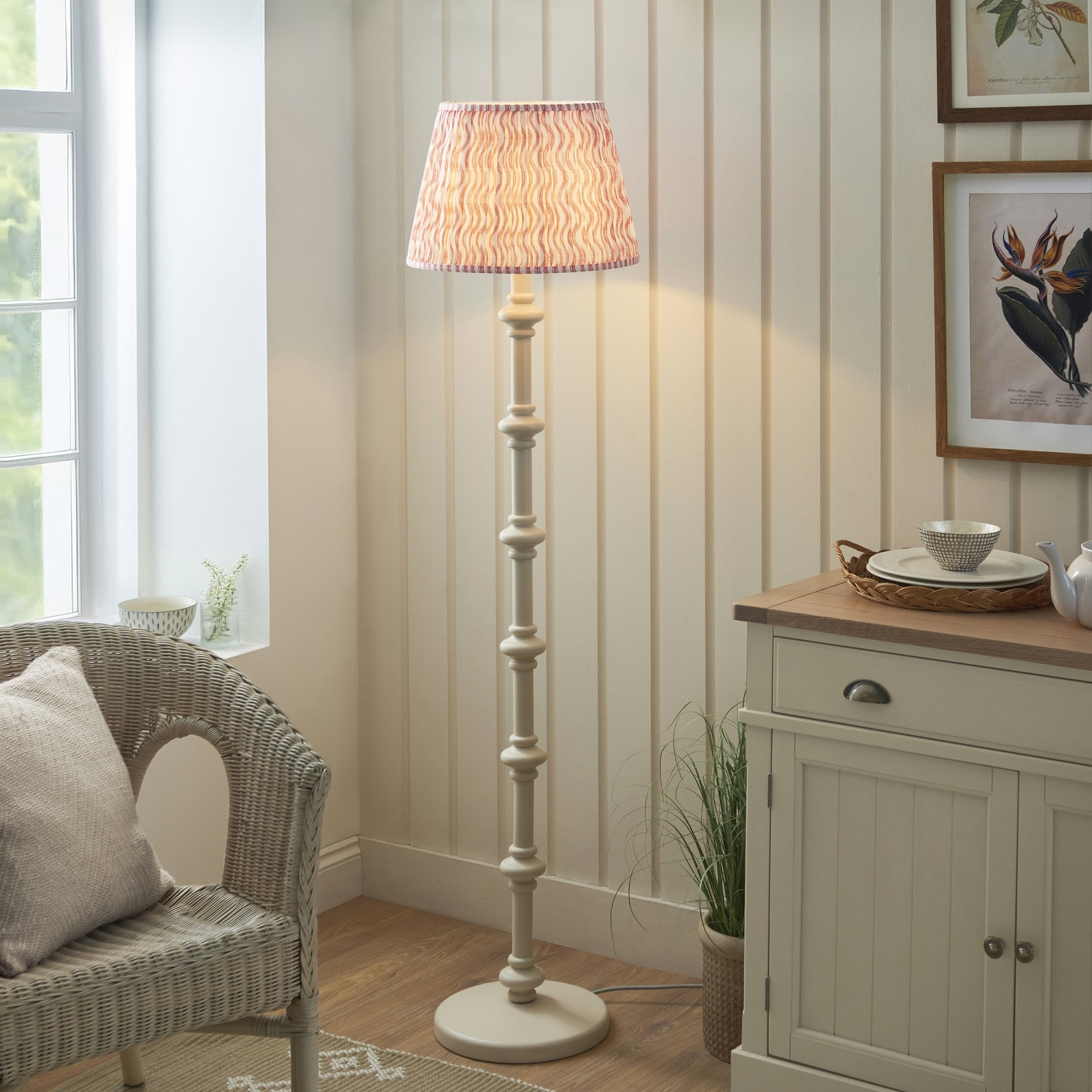 Endon Carnaby Satin Almond White Floor Lamp & Ripple 40cm Coral Pink Shade