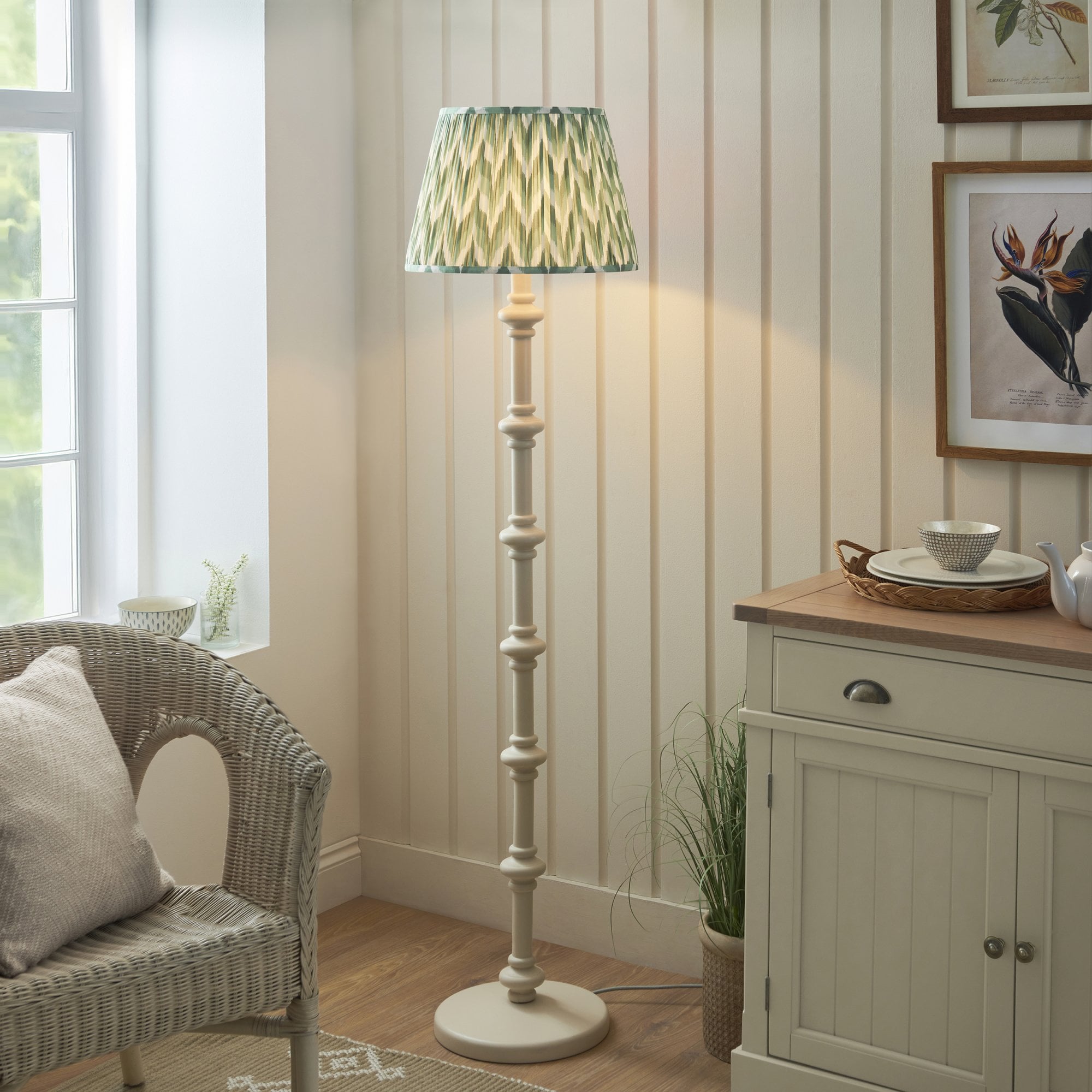 Endon Carnaby Satin Almond White Floor Lamp & Zigzag 40cm Cotswold Green Shade