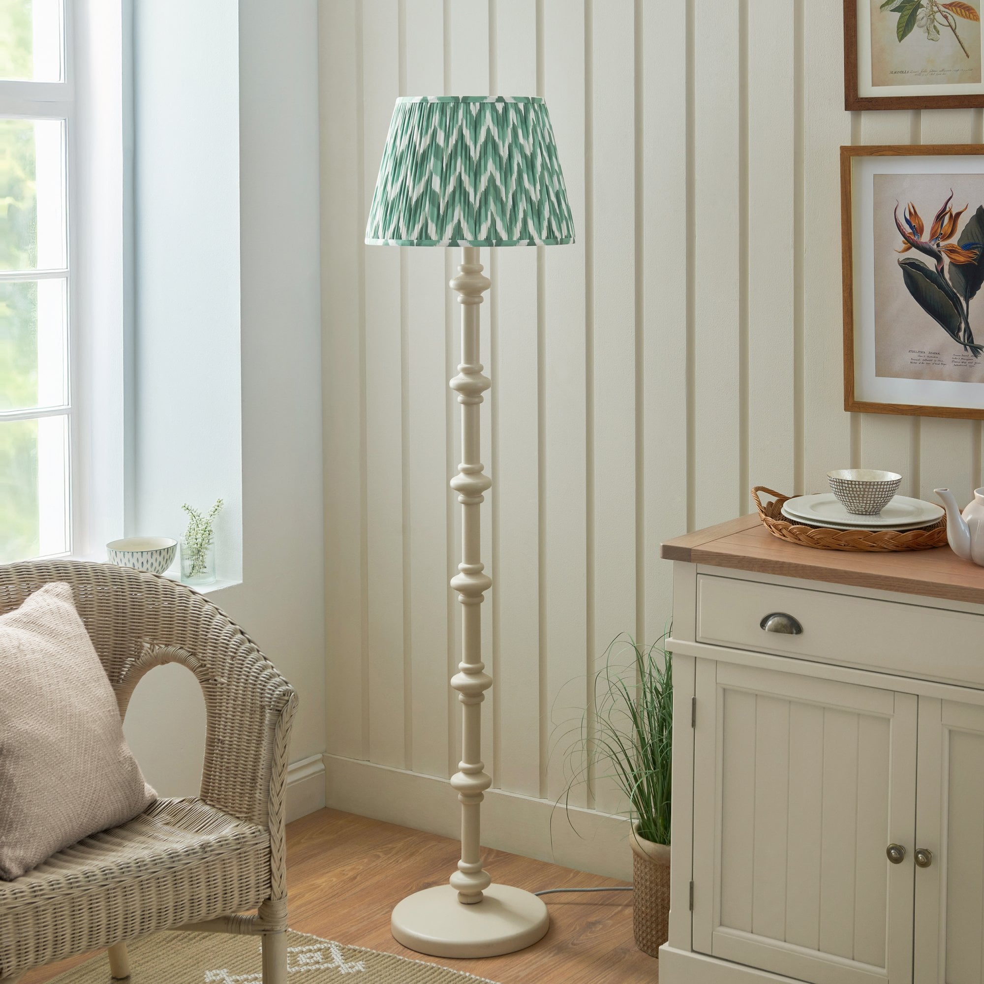 Endon Carnaby Satin Almond White Floor Lamp & Zigzag 40cm Cotswold Green Shade