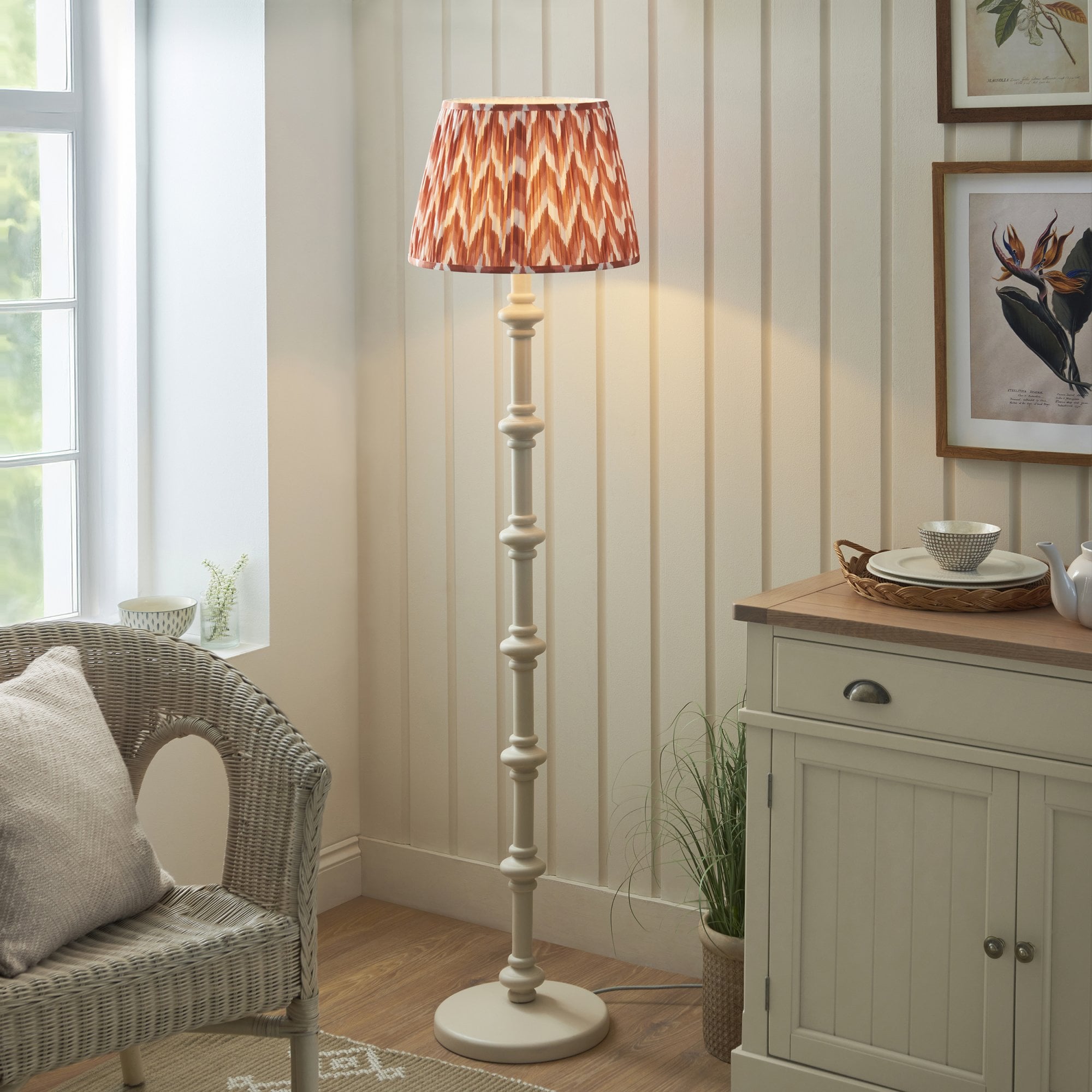 Endon Carnaby Satin Almond White Floor Lamp & Zigzag 40cm Apricot Orange Shade