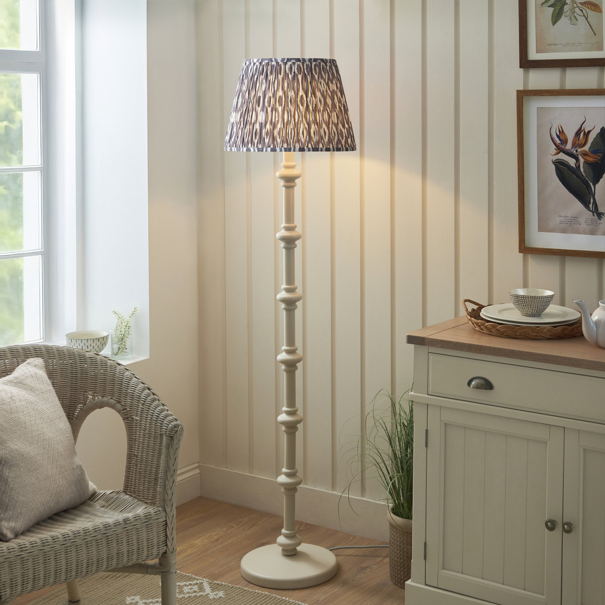 Endon Carnaby Satin Almond White Floor Lamp & Ikat 40cm Pearl Grey Shade