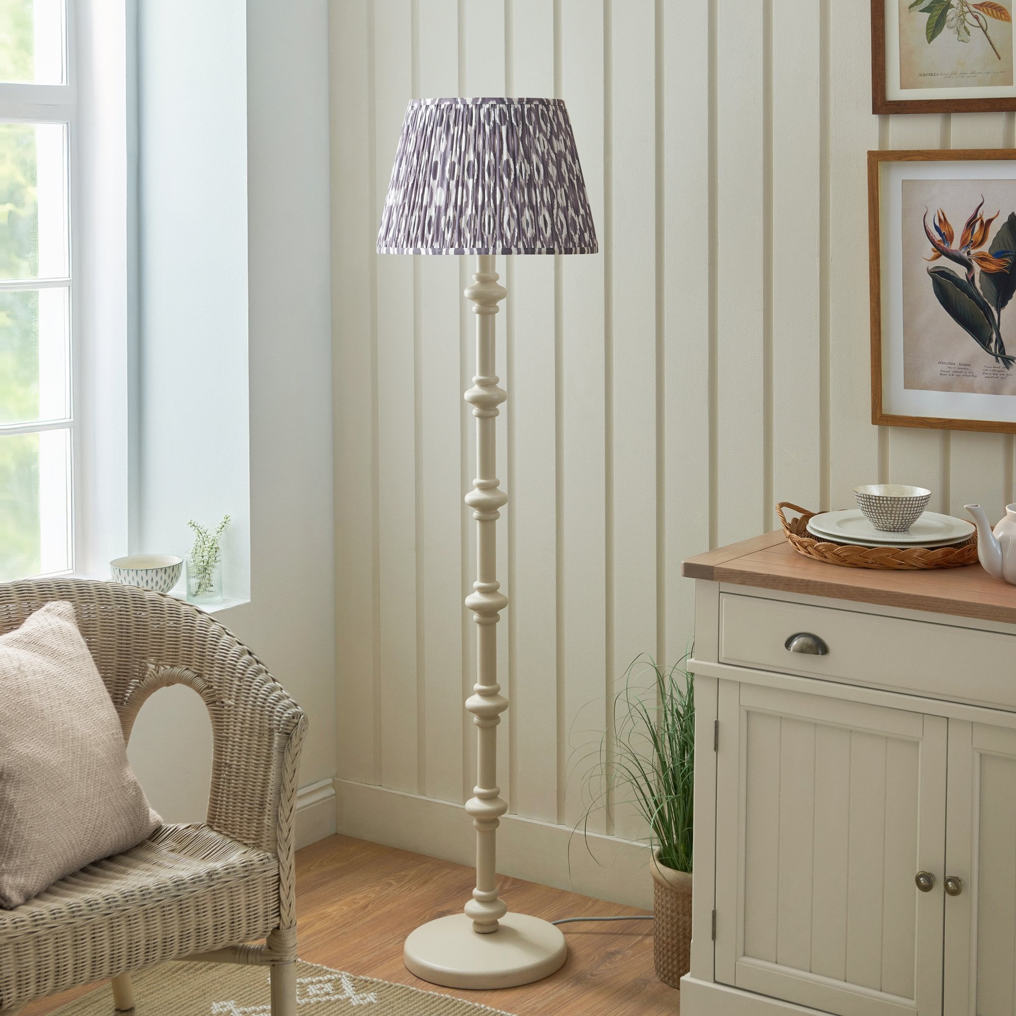 Endon Carnaby Satin Almond White Floor Lamp & Ikat 40cm Pearl Grey Shade
