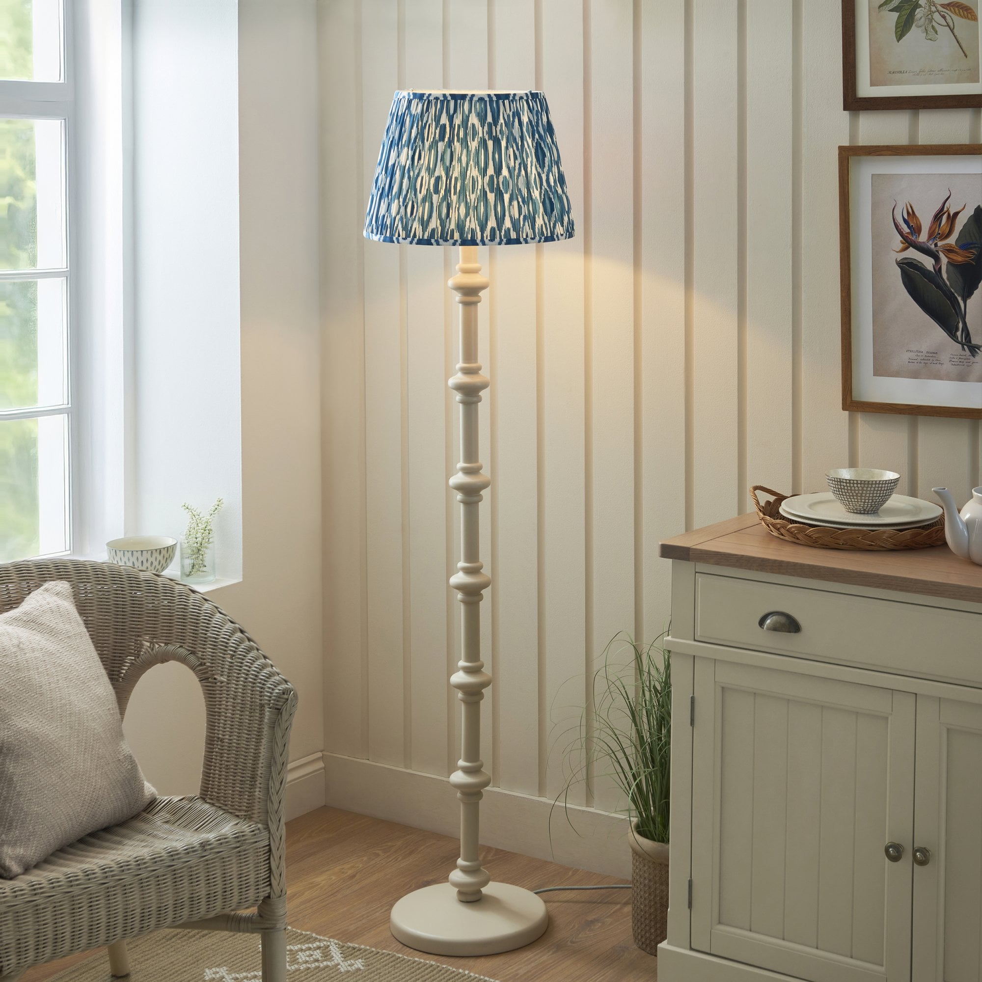 Endon Carnaby Satin Almond White Floor Lamp & Ikat 40cm Marlin Blue Shade