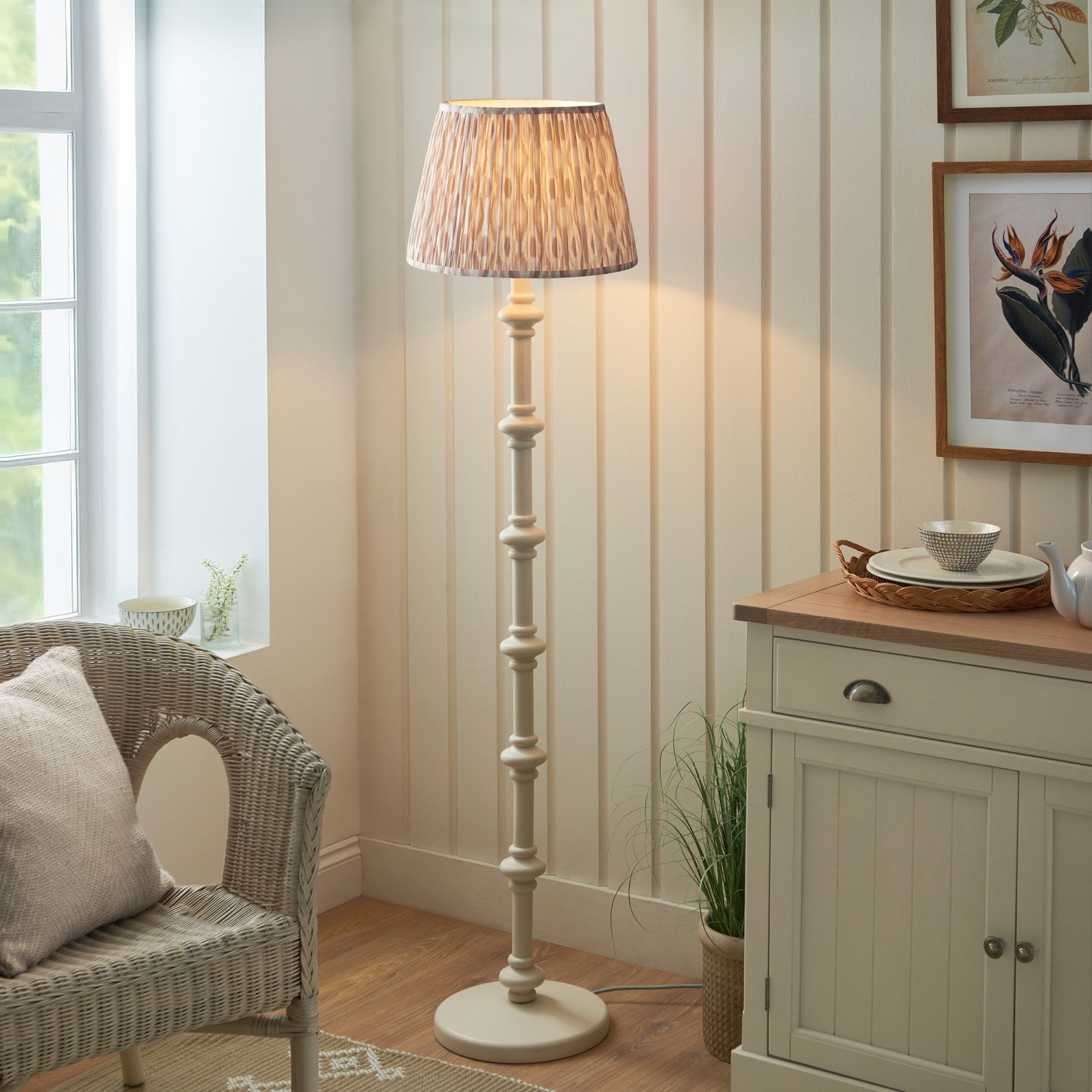 Endon Carnaby Satin Almond White Floor Lamp & Ikat 40cm Neutral Shade
