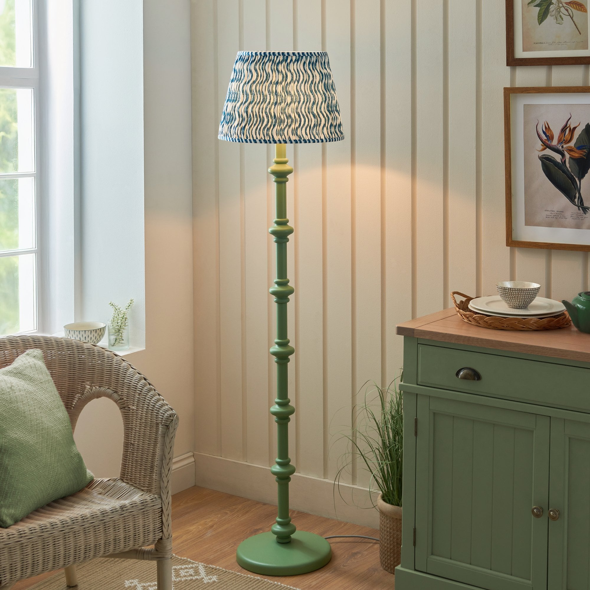 Endon Carnaby Satin Cotswold Green Floor Lamp & Ripple 40cm Marlin Blue Shade