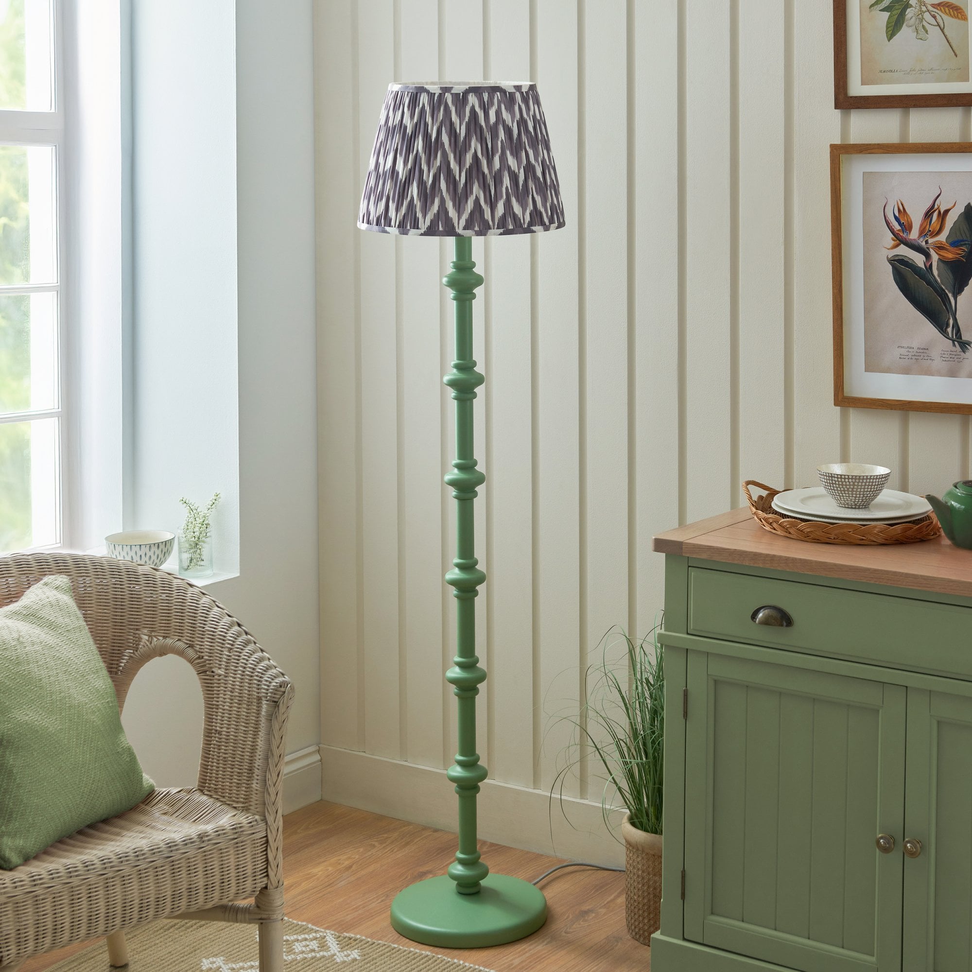 Endon Carnaby Satin Cotswold Green Floor Lamp & Zigzag 40cm Pearl Grey Shade