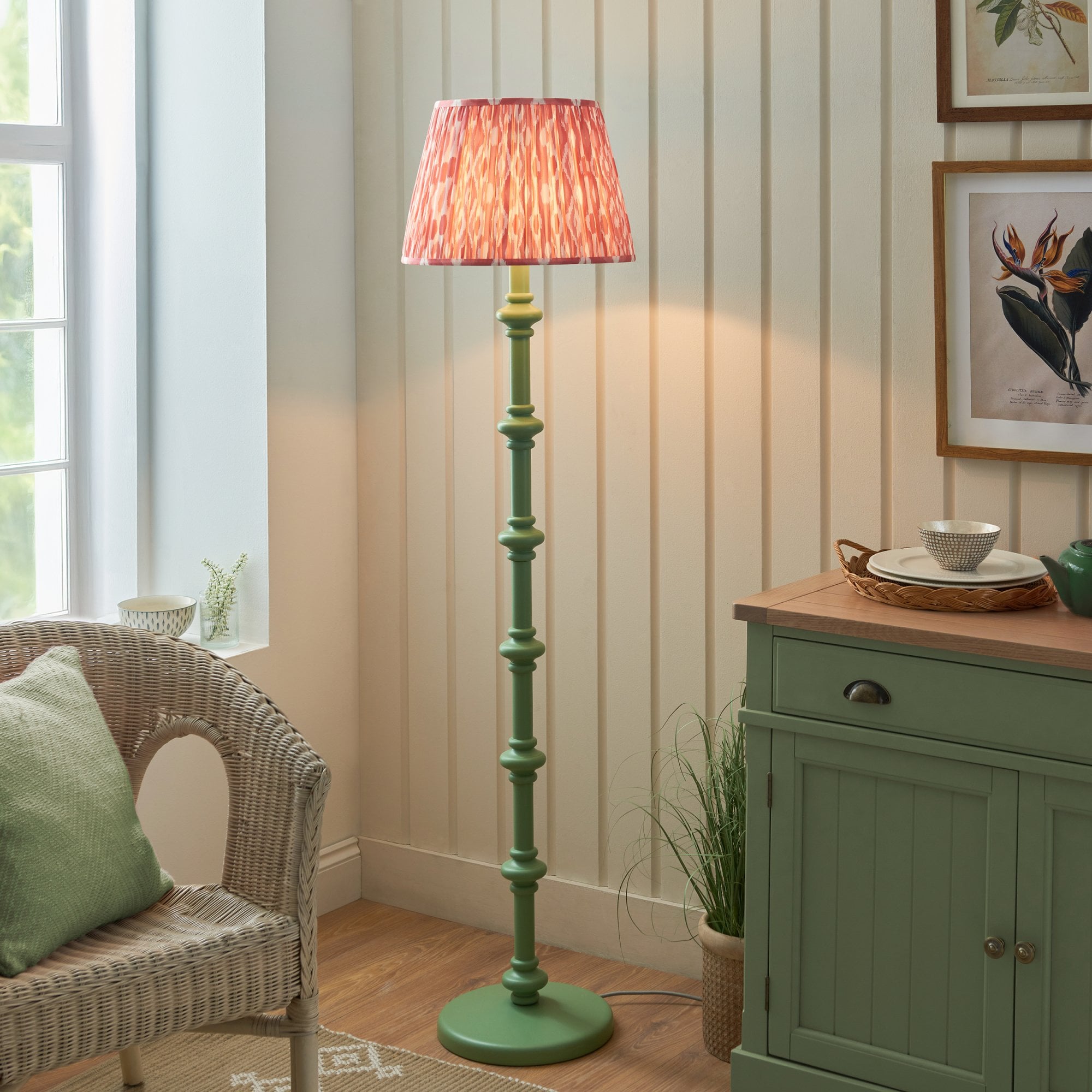 Endon Carnaby Satin Cotswold Green Floor Lamp & Ikat 40cm Coral Pink Shade