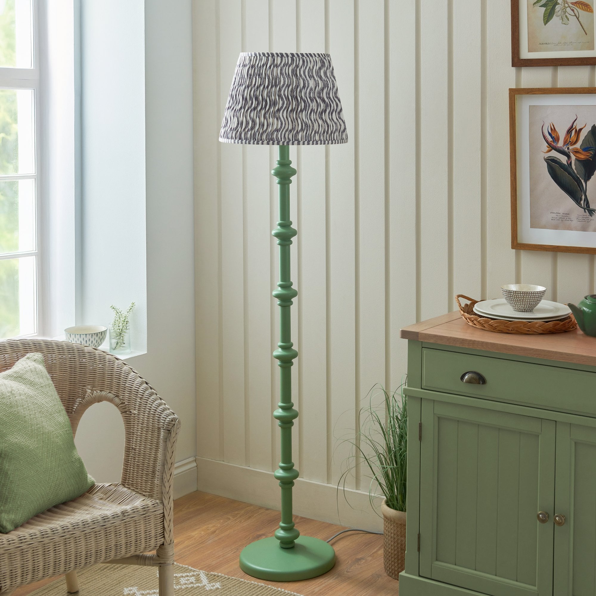 Endon Carnaby Satin Cotswold Green Floor Lamp & Ripple 40cm Pearl Grey Shade