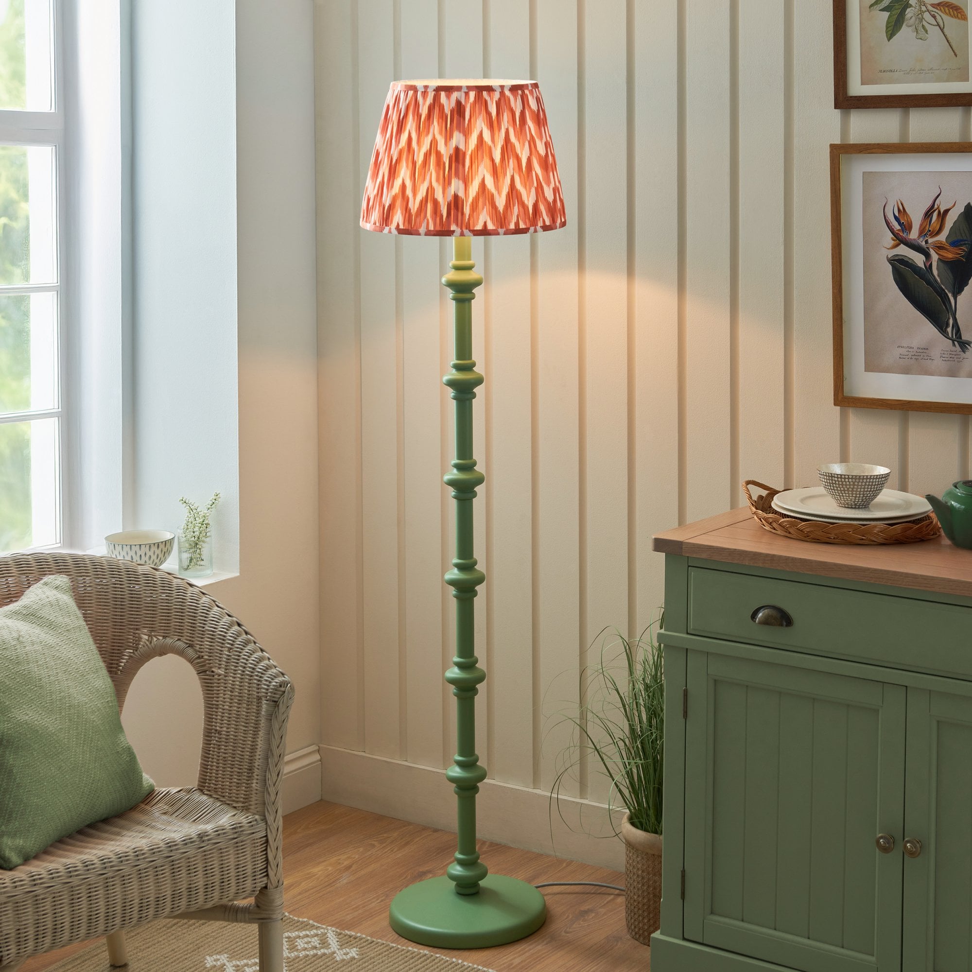 Endon Carnaby Satin Cotswold Green Floor Lamp & Zigzag 40cm Apricot Orange Shade