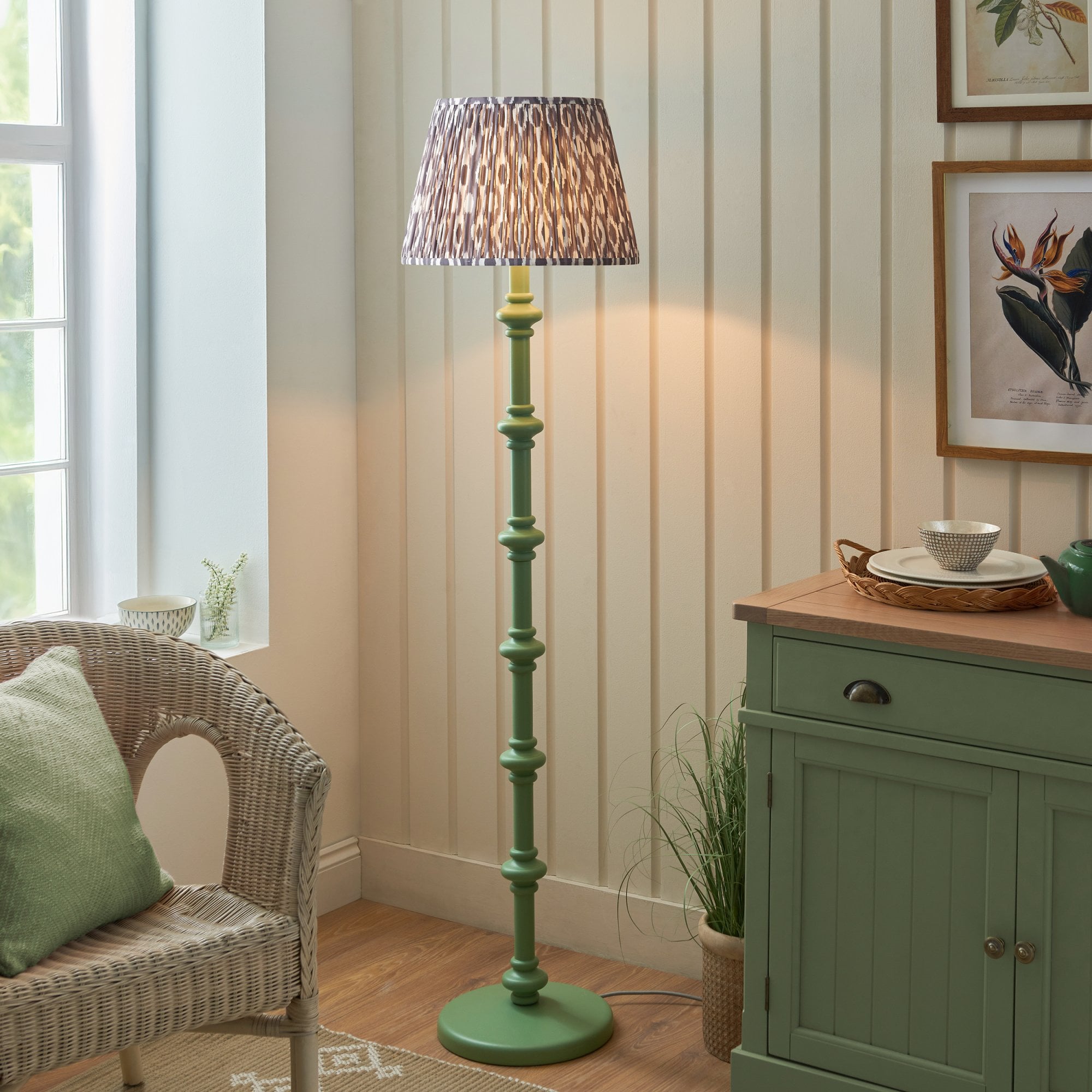 Endon Carnaby Satin Cotswold Green Floor Lamp & Ikat 40cm Pearl Grey Shade