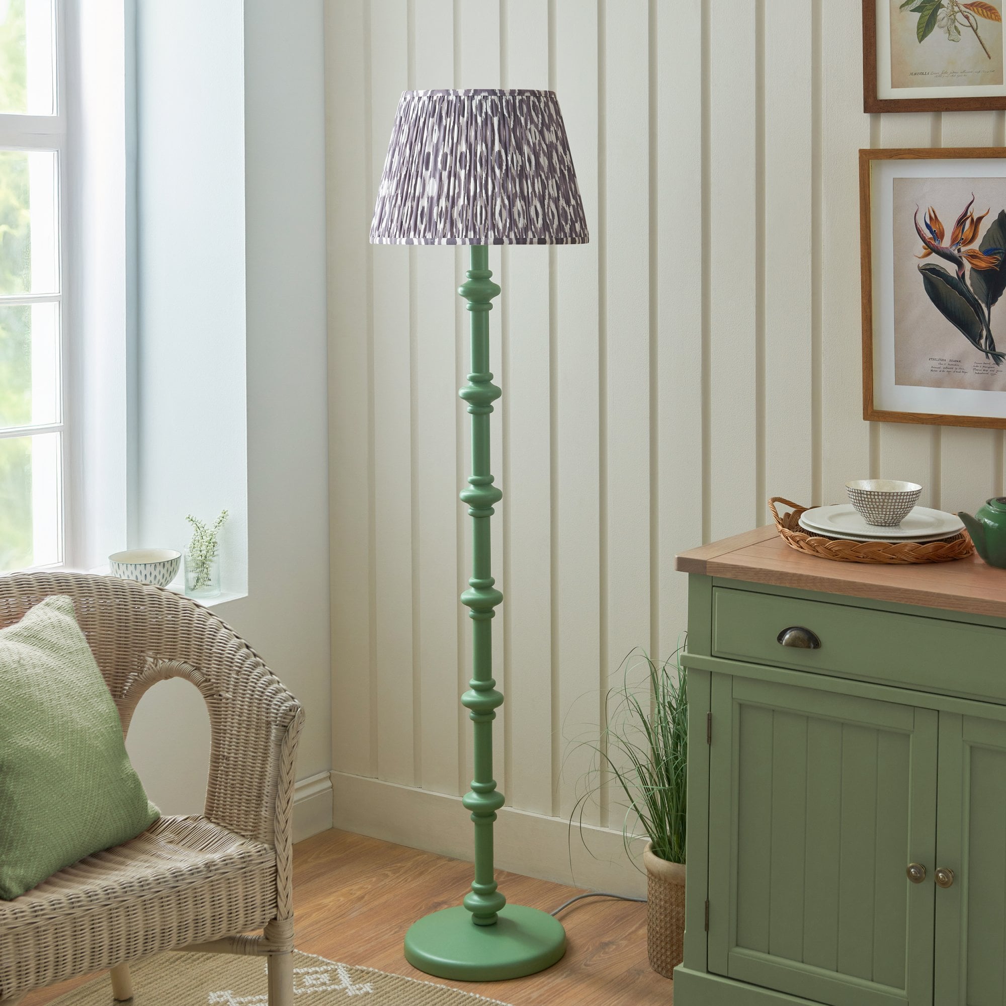 Endon Carnaby Satin Cotswold Green Floor Lamp & Ikat 40cm Pearl Grey Shade
