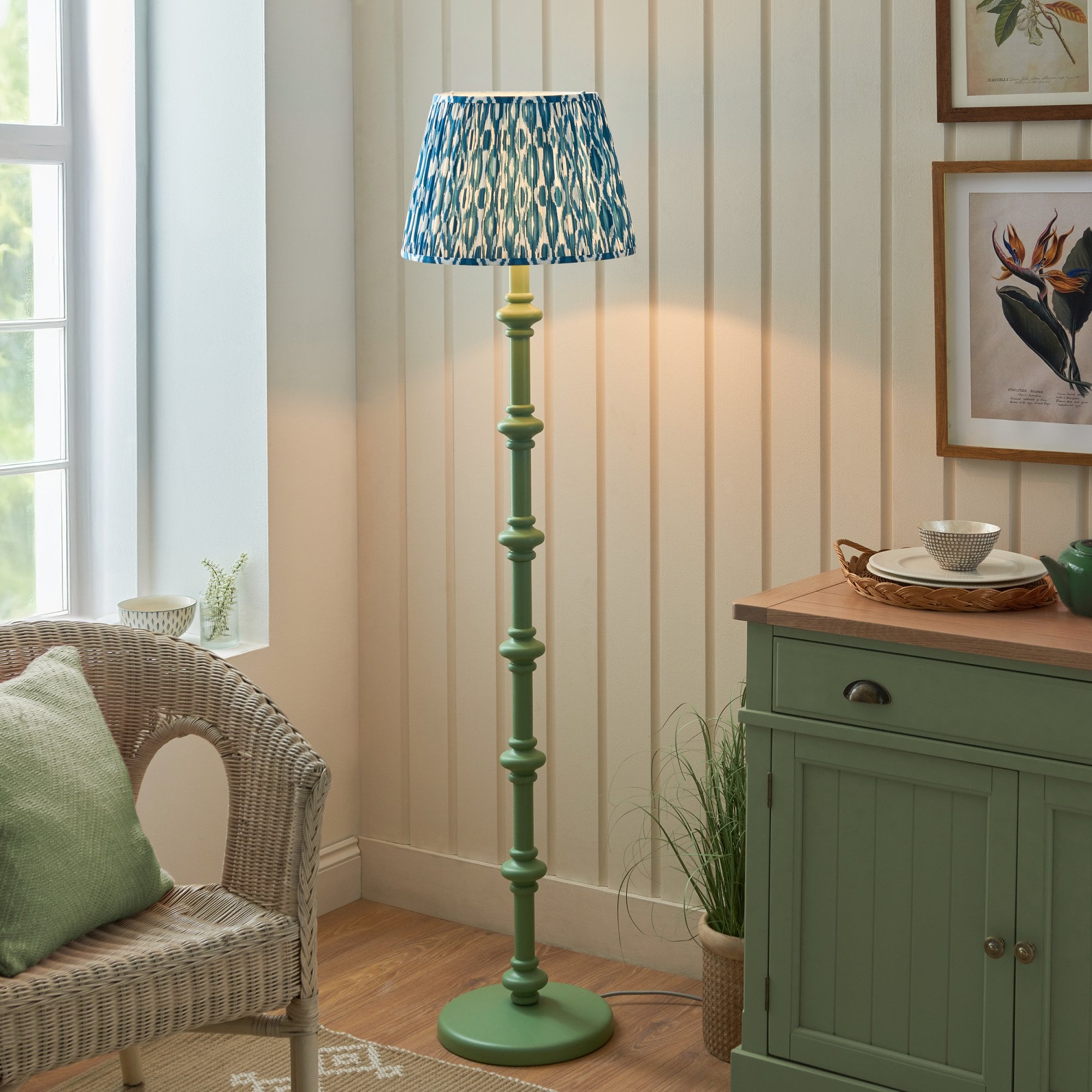 Endon Carnaby Satin Cotswold Green Floor Lamp & Ikat 40cm Marlin Blue Shade