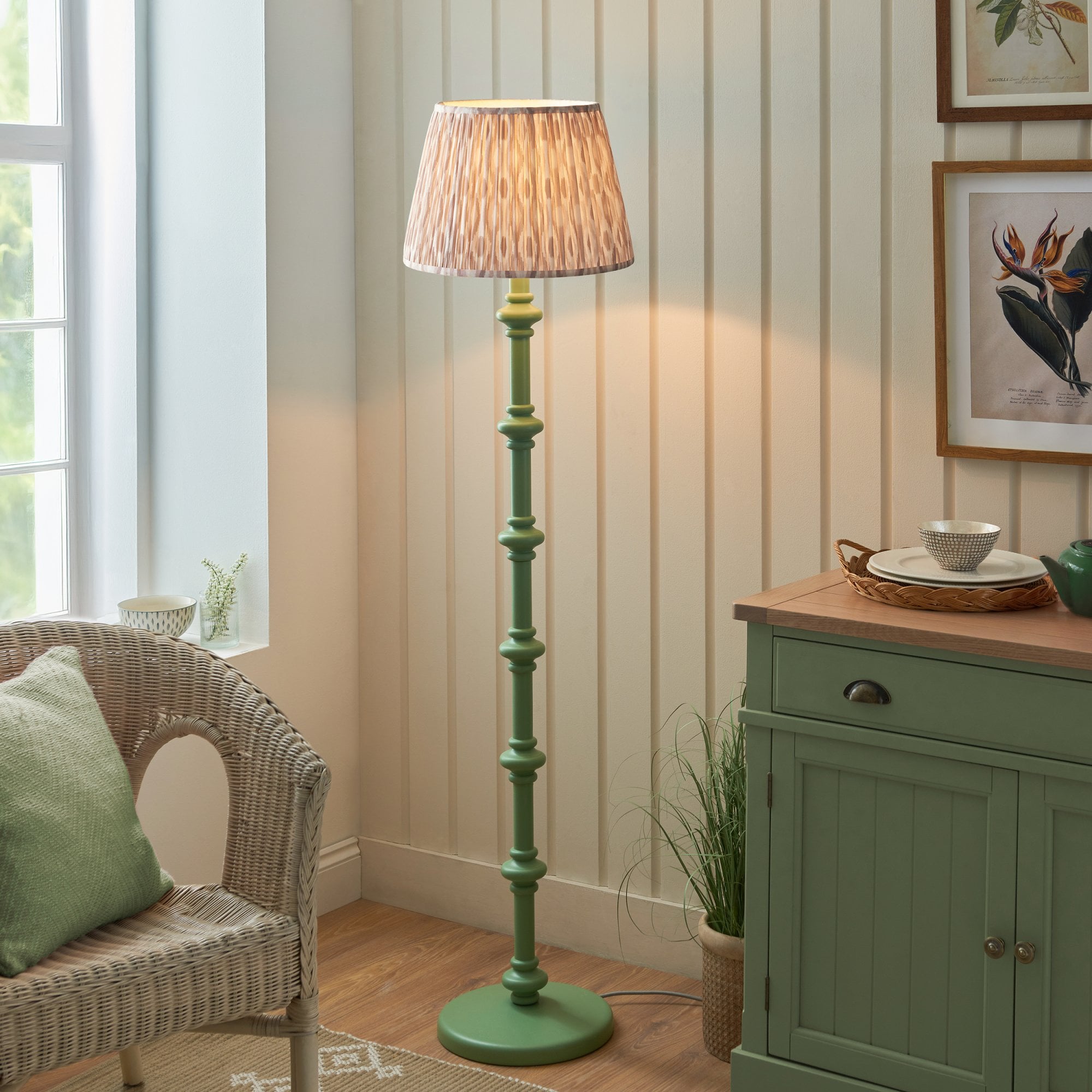 Endon Carnaby Satin Cotswold Green Floor Lamp & Ikat 40cm Neutral Shade