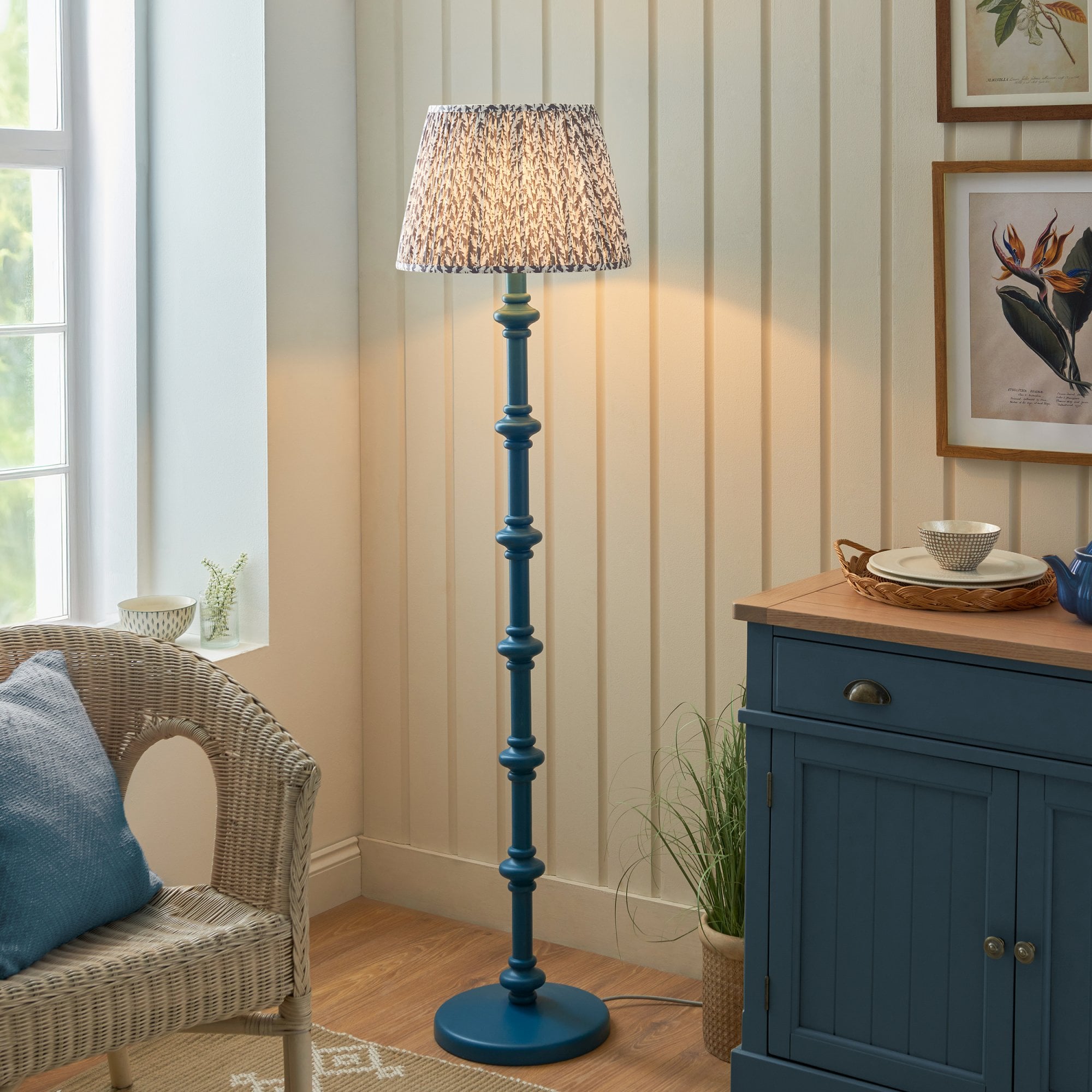Endon Carnaby Satin Marlin Blue Floor Lamp & Leaf 40cm Pearl Grey Shade