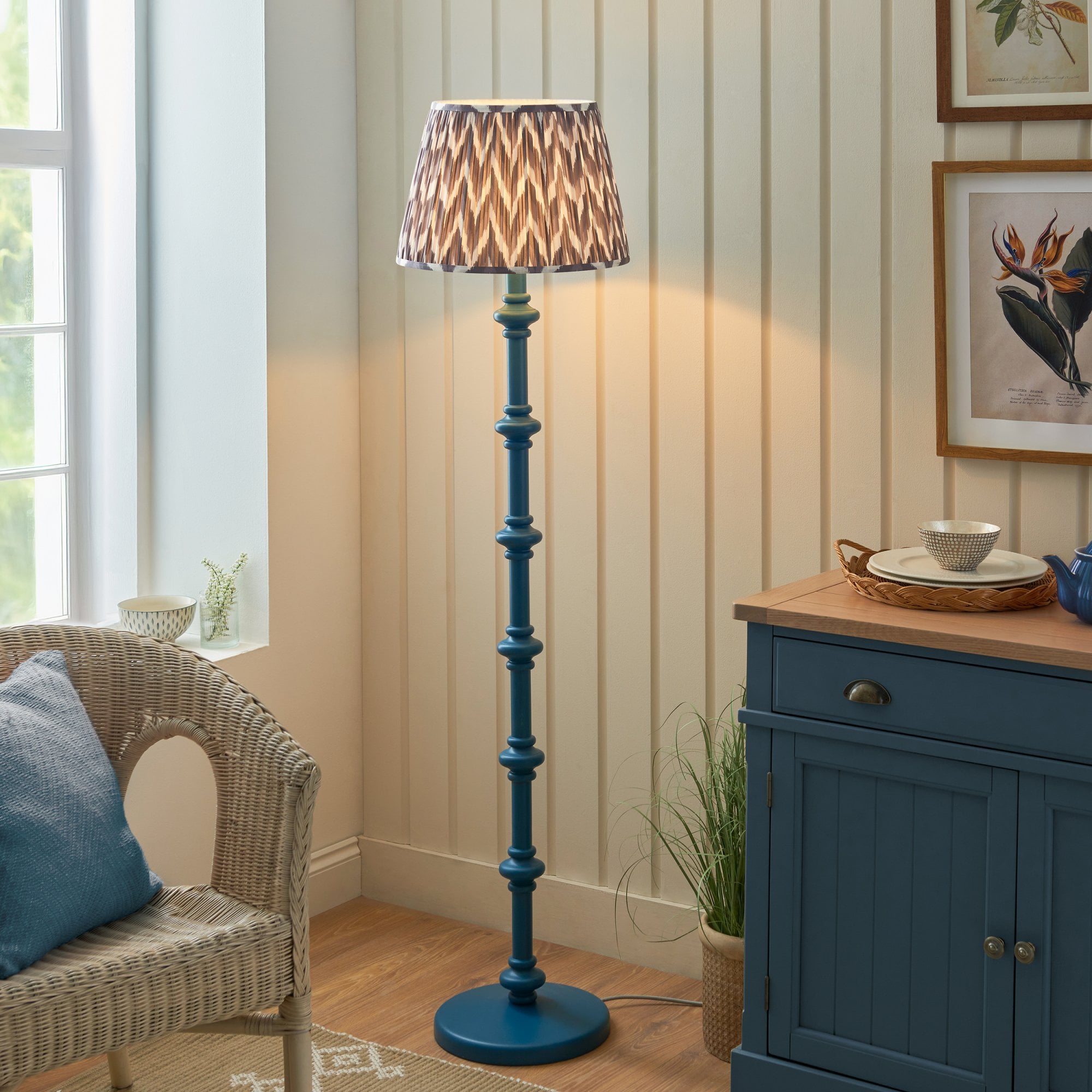 Endon Carnaby Satin Marlin Blue Floor Lamp & Zigzag 40cm Pearl Grey Shade