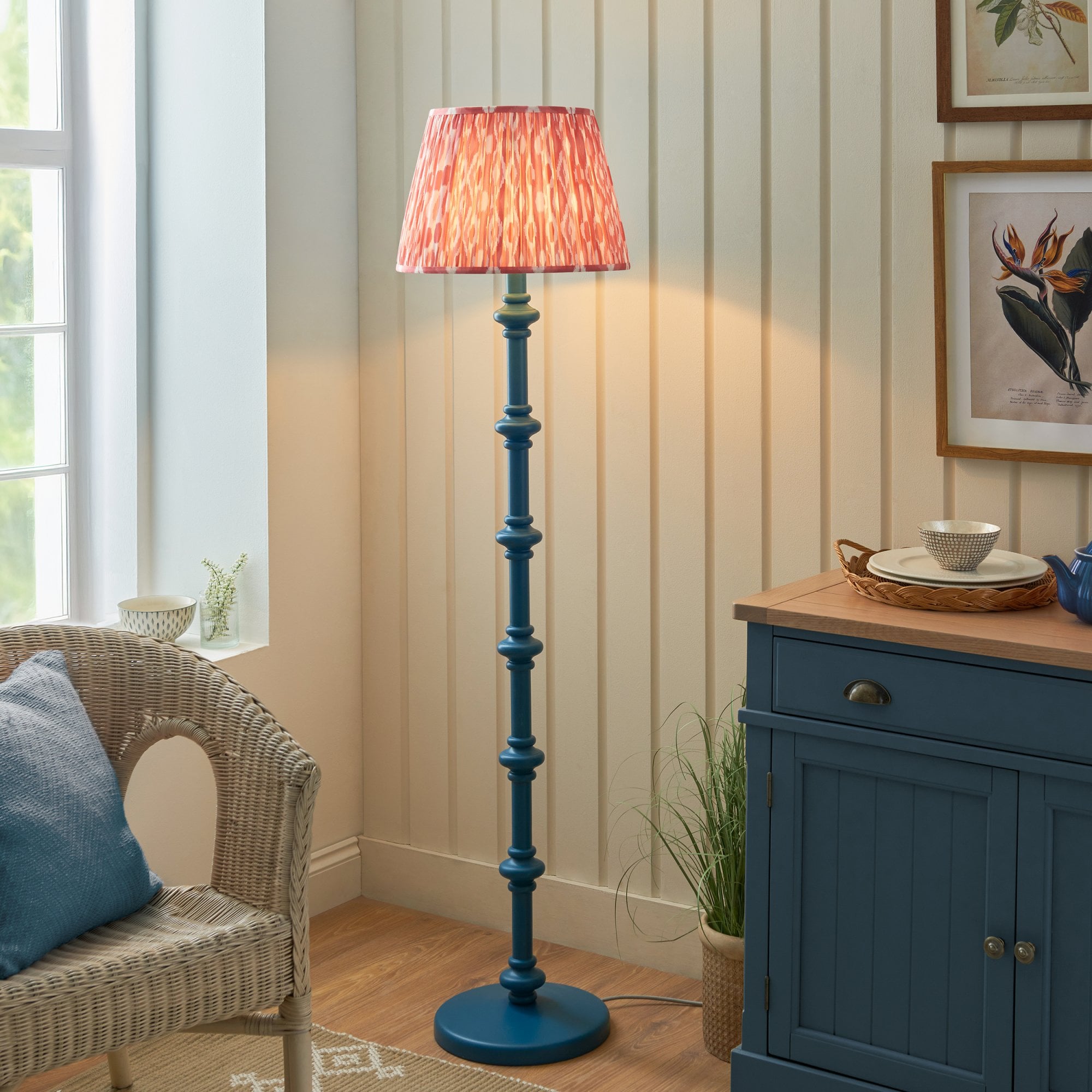 Endon Carnaby Satin Marlin Blue Floor Lamp & Ikat 40cm Coral Pink Shade