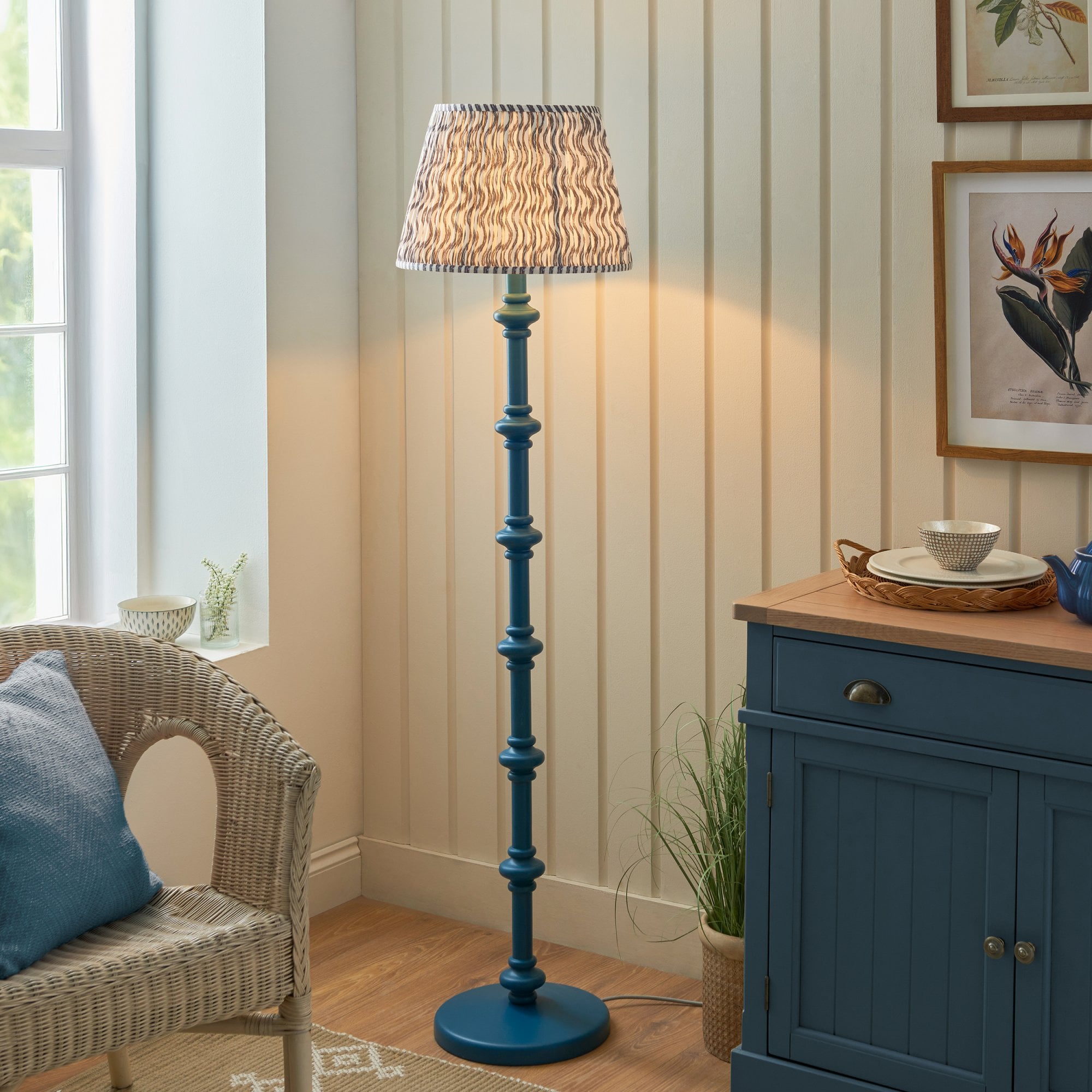 Endon Carnaby Satin Marlin Blue Floor Lamp & Ripple 40cm Pearl Grey Shade