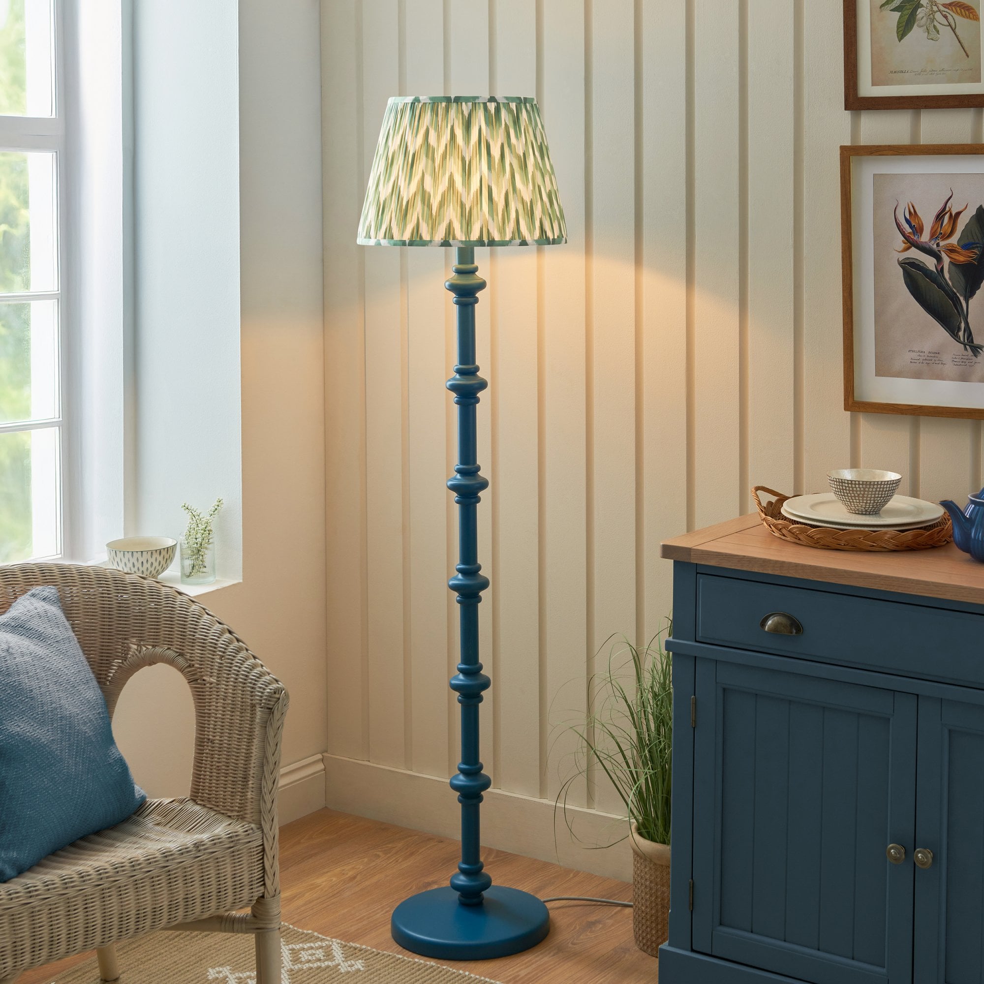 Endon Carnaby Satin Marlin Blue Floor Lamp & Zigzag 40cm Cotswold Green Shade
