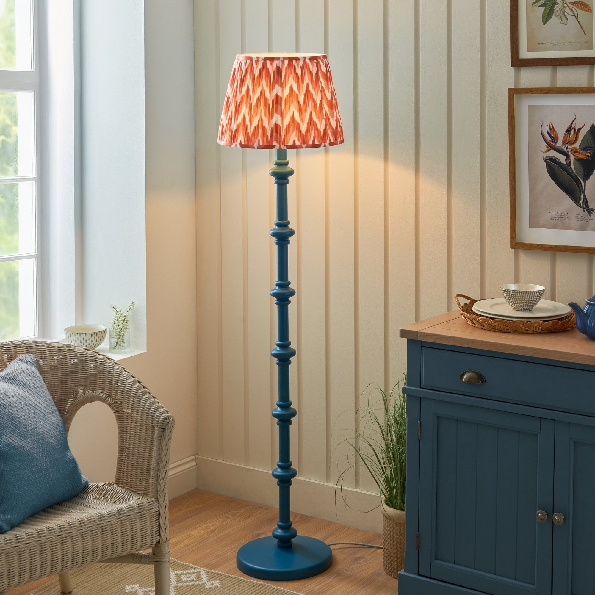 Endon Carnaby Satin Marlin Blue Floor Lamp & Zigzag 40cm Apricot Orange Shade