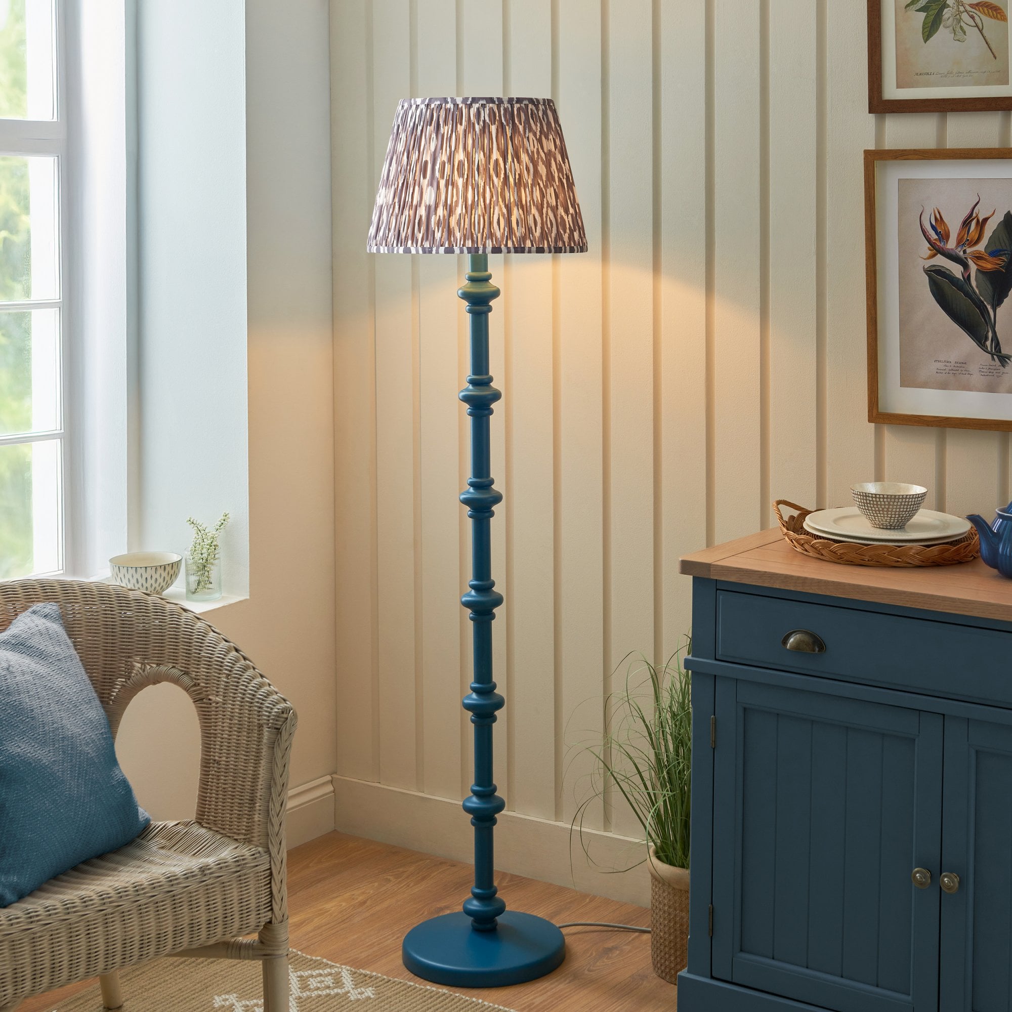Endon Carnaby Satin Marlin Blue Floor Lamp & Ikat 40cm Pearl Grey Shade