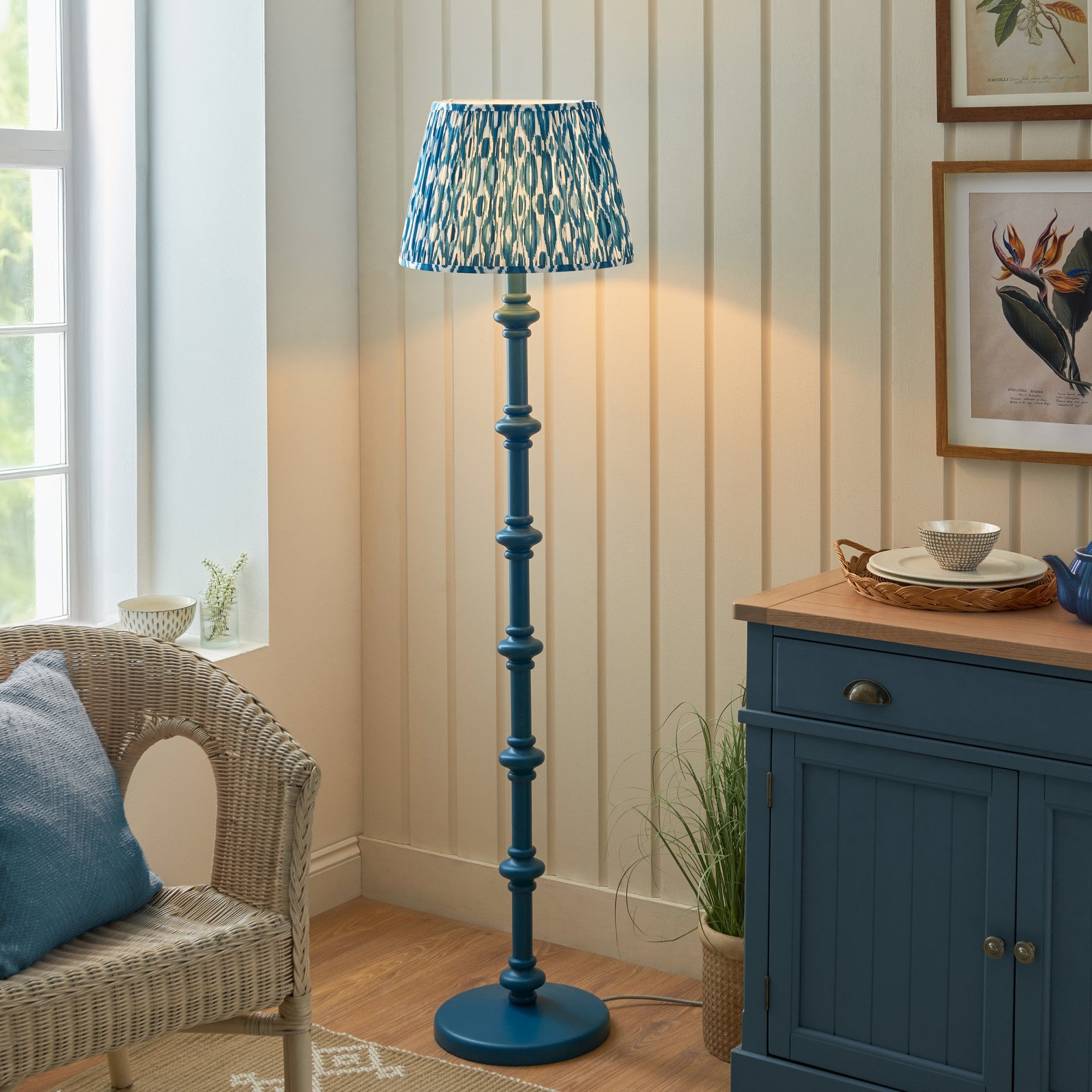 Endon Carnaby Satin Marlin Blue Floor Lamp & Ikat 40cm Marlin Blue Shade
