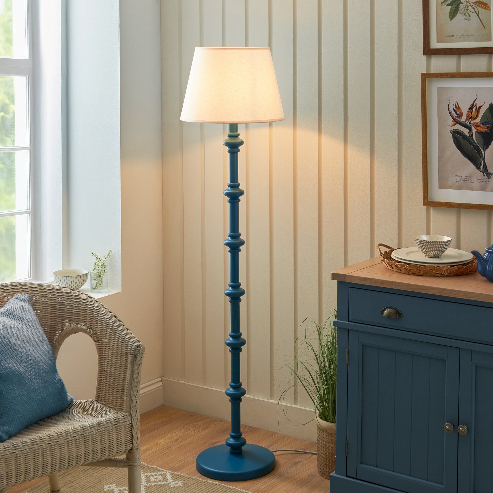 Endon Carnaby Satin Marlin Blue Floor Lamp & Ivy 40cm Vintage White Shade