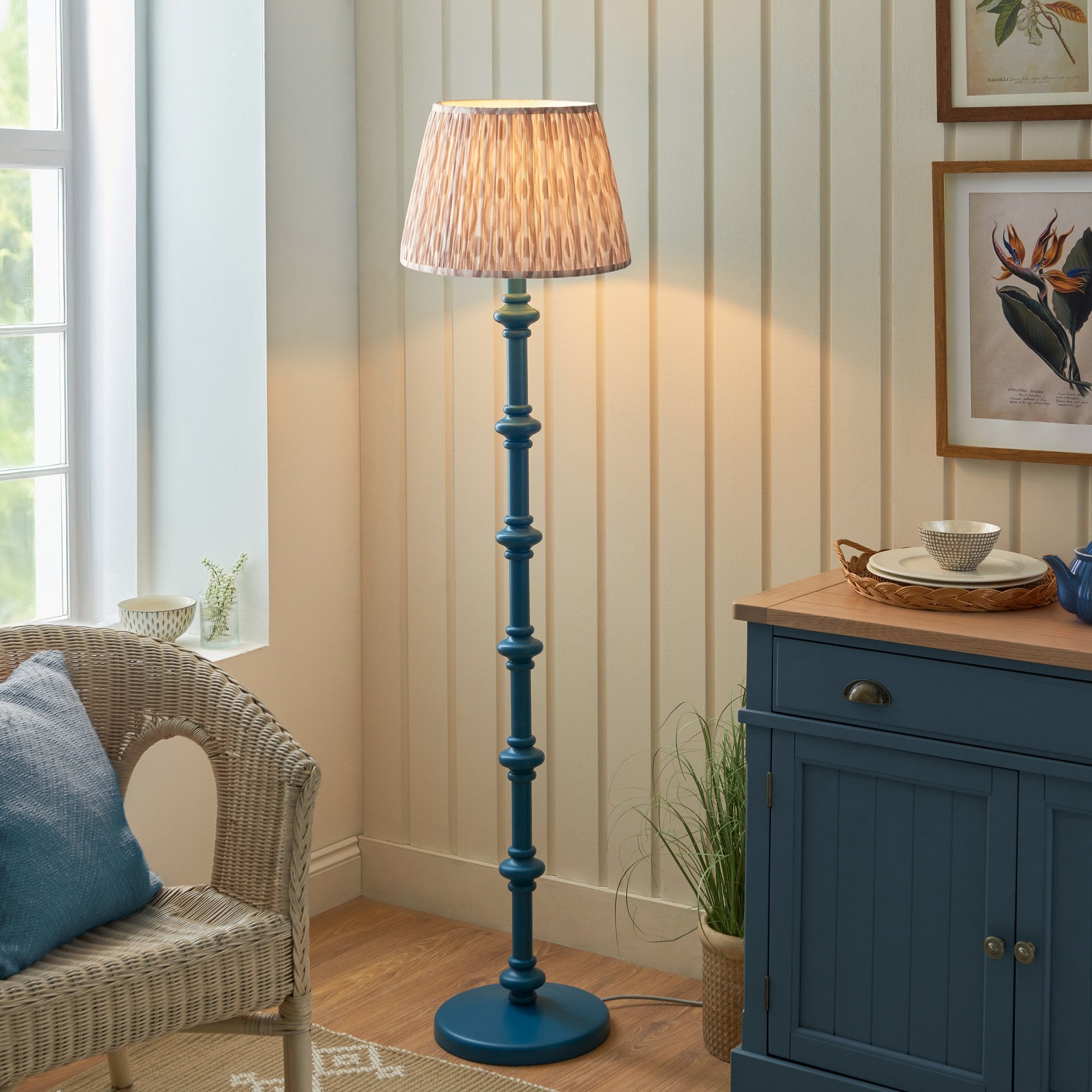 Endon Carnaby Satin Marlin Blue Floor Lamp & Ikat 40cm Neutral Shade