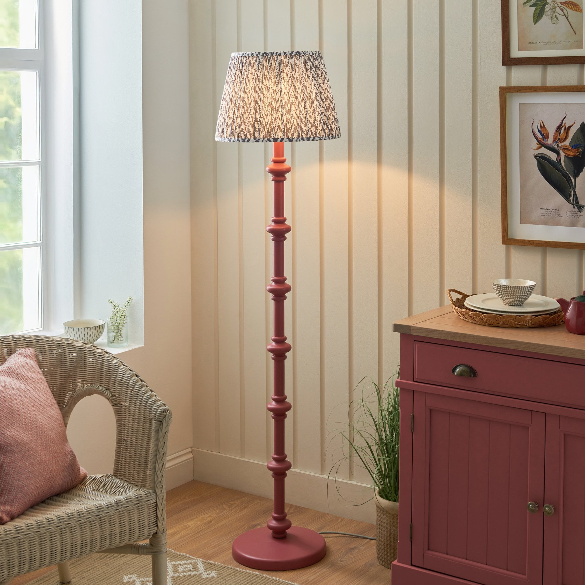 Endon Carnaby Satin Pink Clay Floor Lamp & Leaf 40cm Pearl Grey Shade
