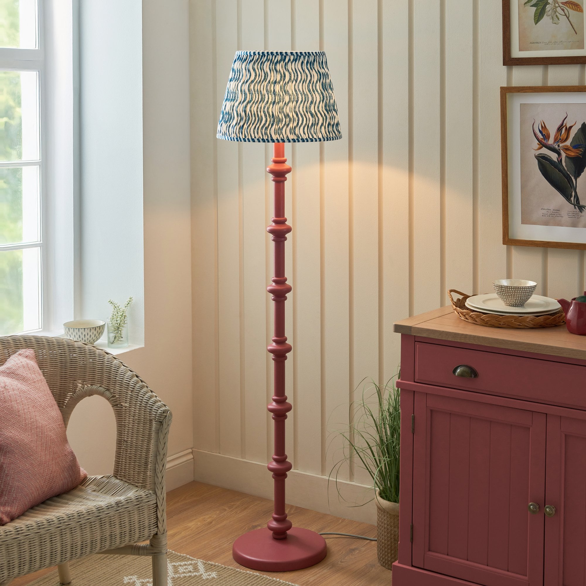 Endon Carnaby Satin Pink Clay Floor Lamp & Ripple 40cm Marlin Blue Shade