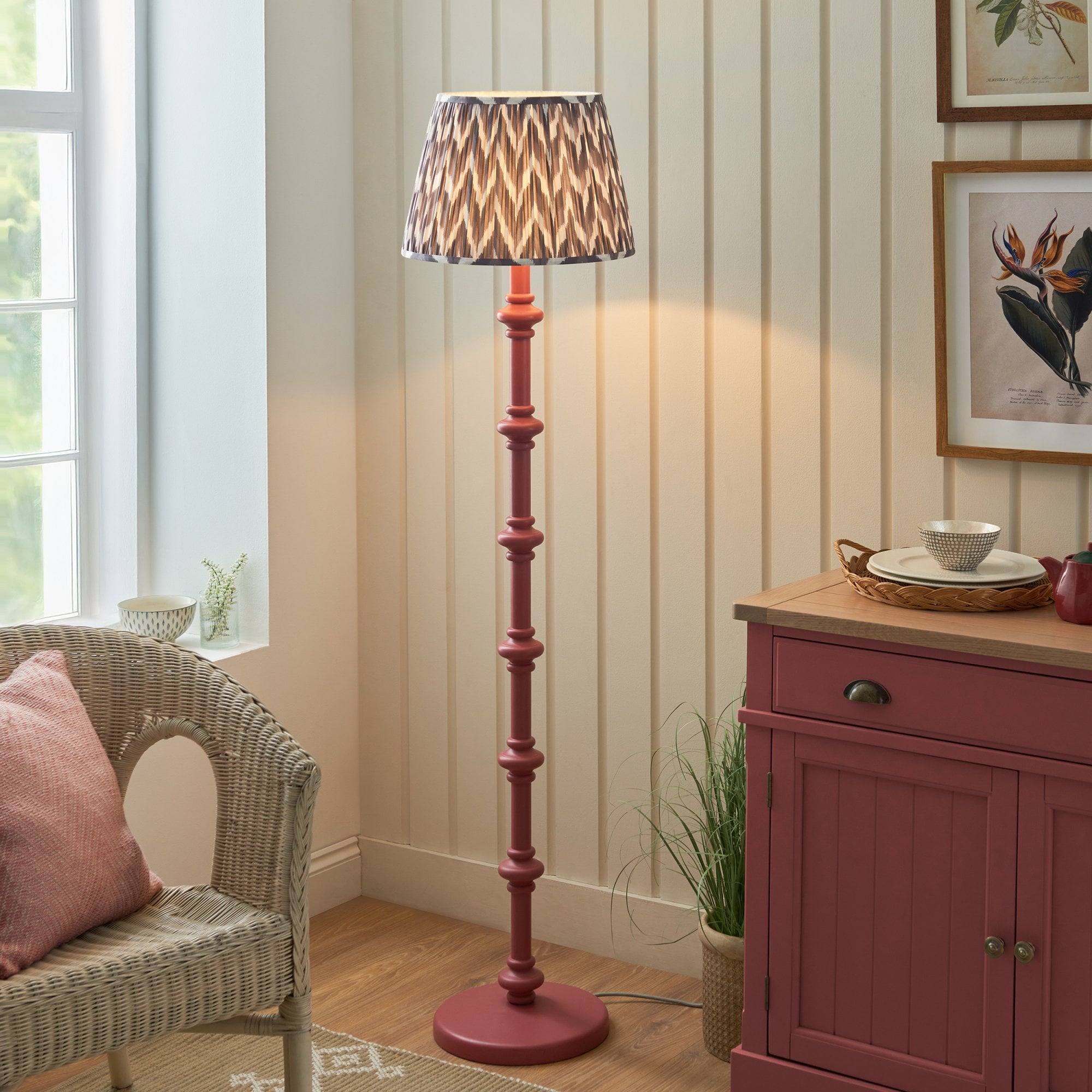 Endon Carnaby Satin Pink Clay Floor Lamp & Zigzag 40cm Pearl Grey Shade
