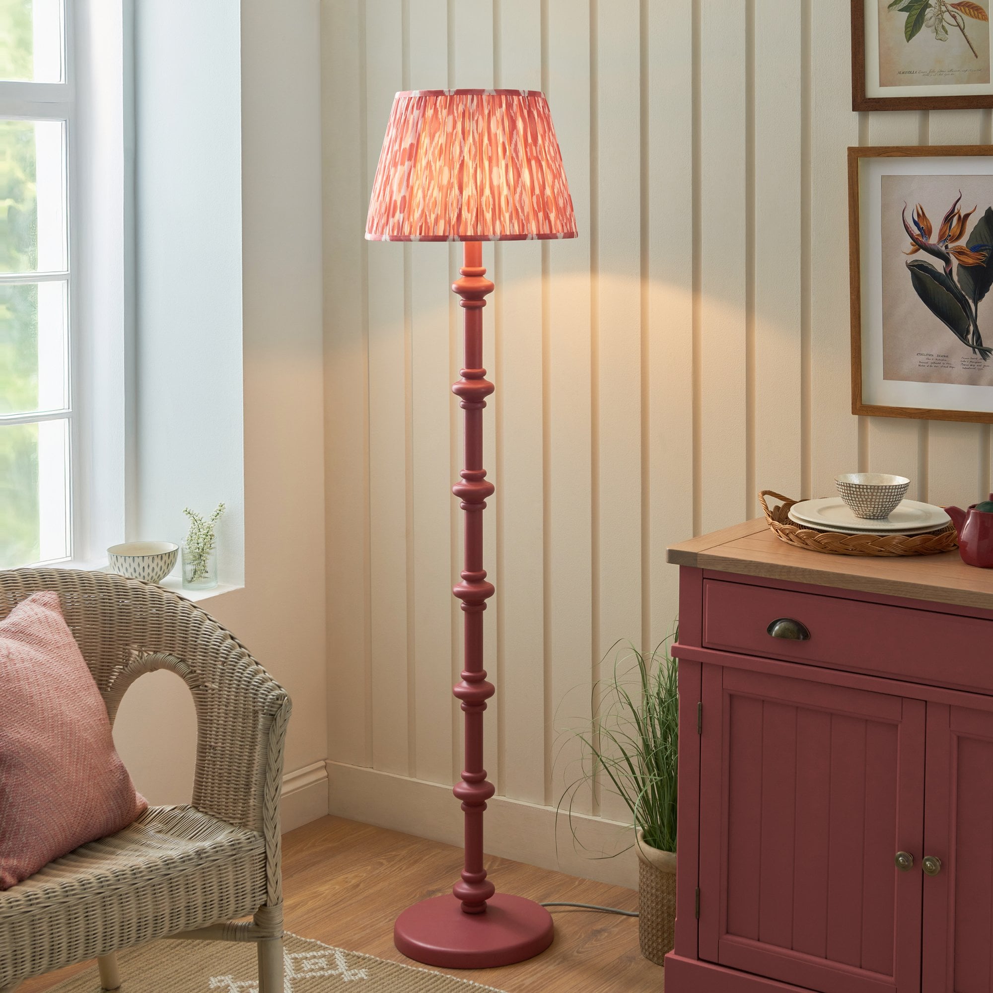 Endon Carnaby Satin Pink Clay Floor Lamp & Ikat 40cm Coral Pink Shade