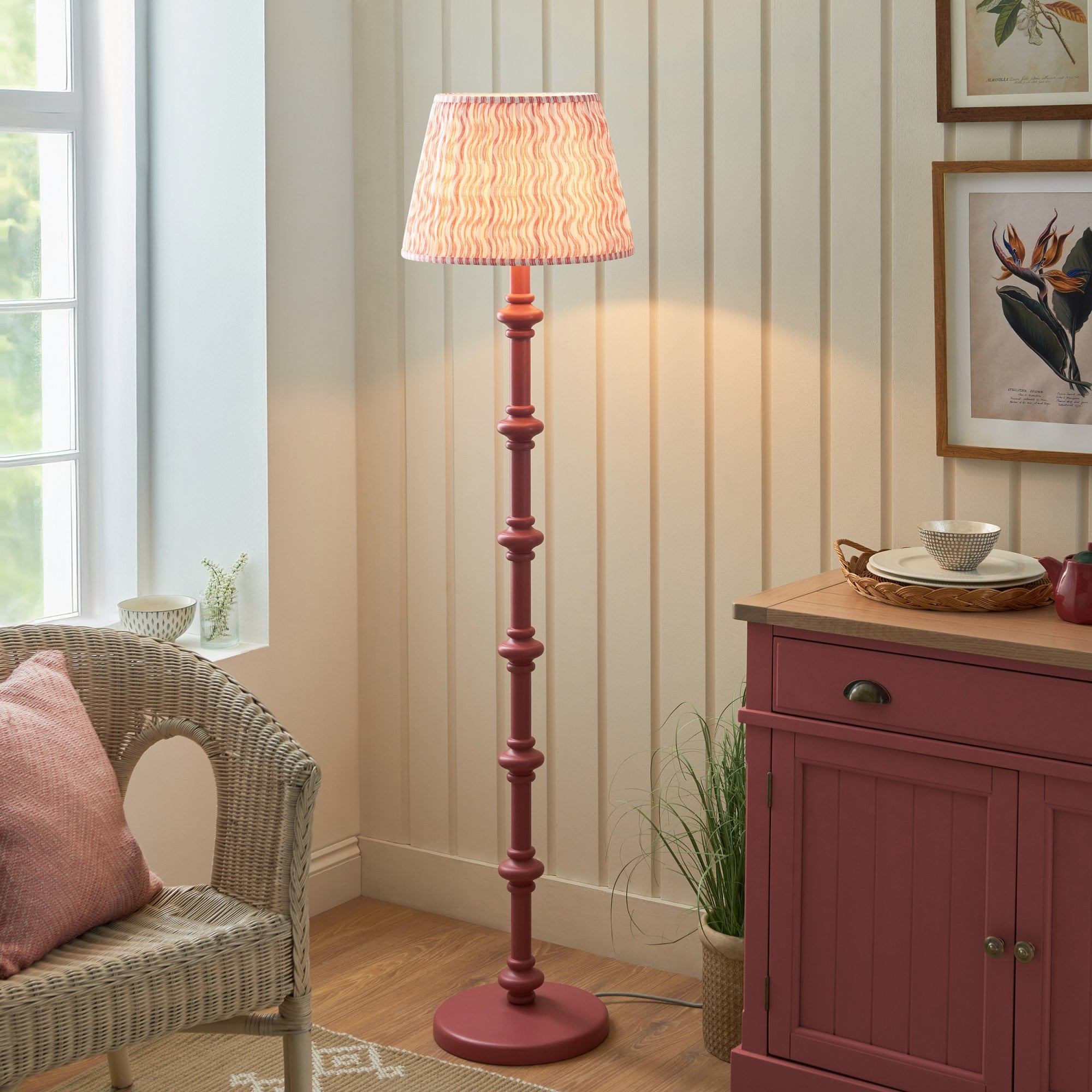 Endon Carnaby Satin Pink Clay Floor Lamp & Ripple 40cm Coral Pink Shade