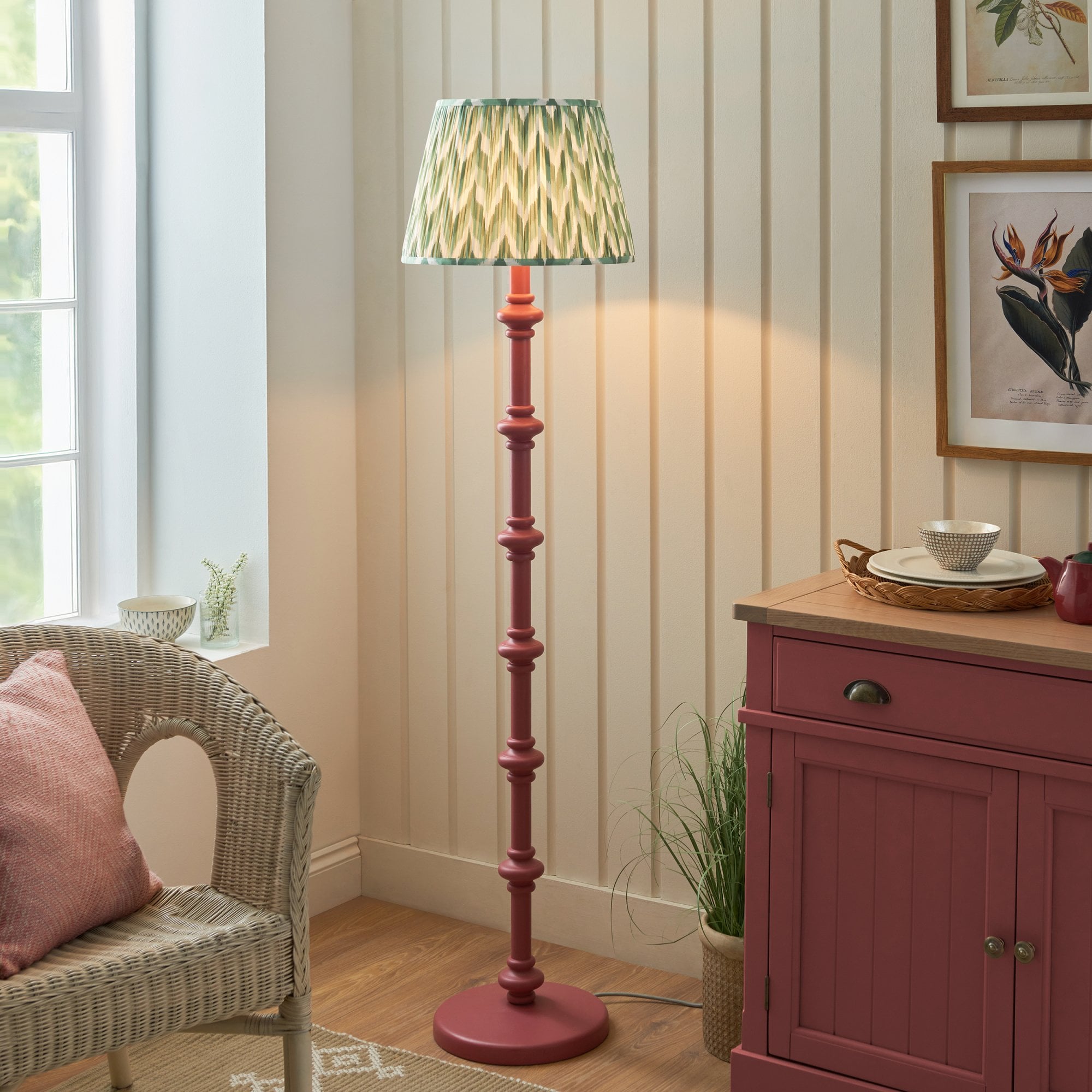 Endon Carnaby Satin Pink Clay Floor Lamp & Zigzag 40cm Cotswold Green Shade