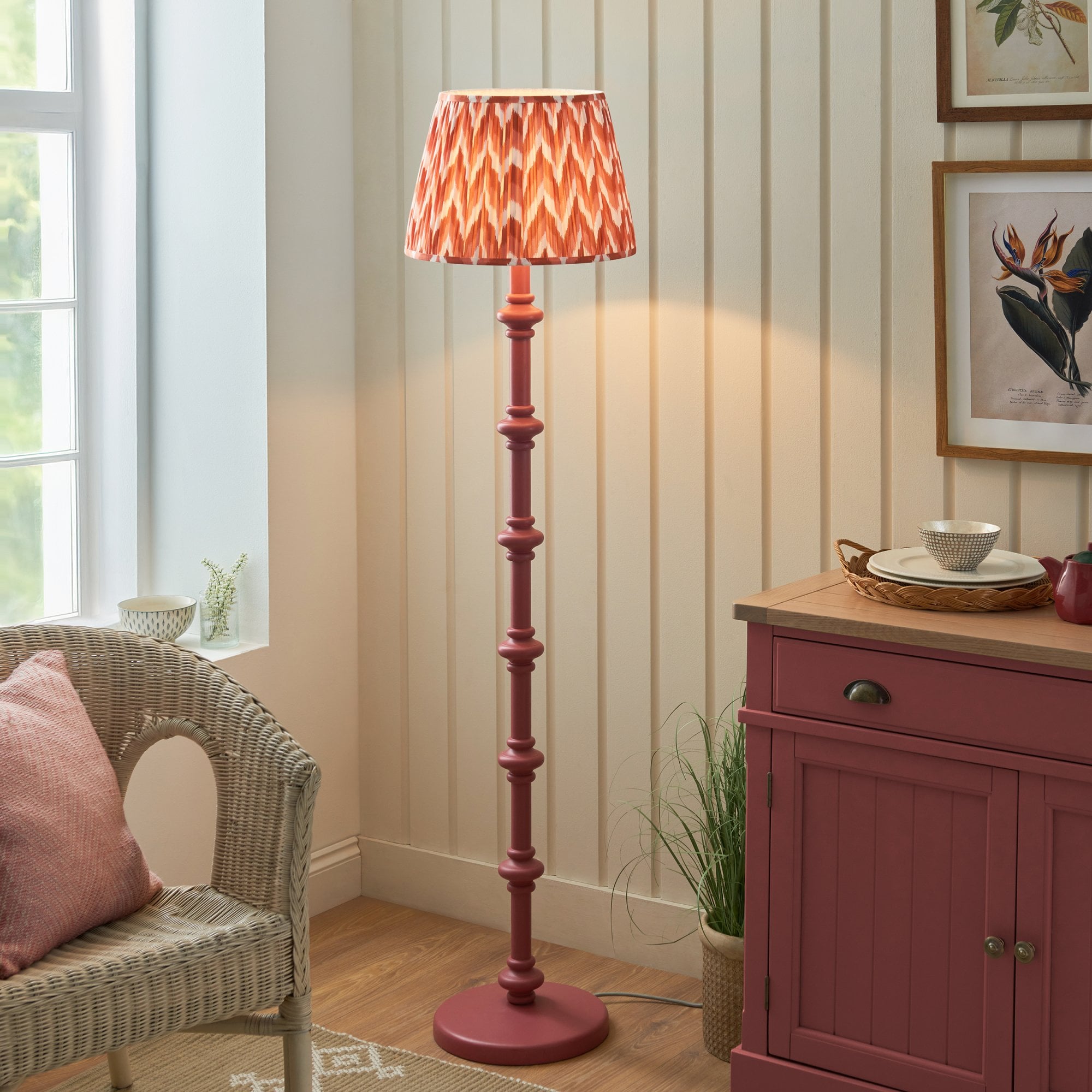 Endon Carnaby Satin Pink Clay Floor Lamp & Zigzag 40cm Apricot Orange Shade