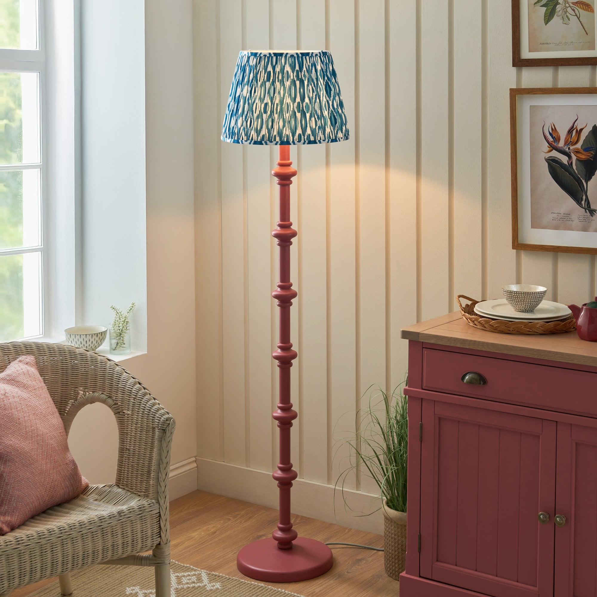 Endon Carnaby Satin Pink Clay Floor Lamp & Ikat 40cm Marlin Blue Shade