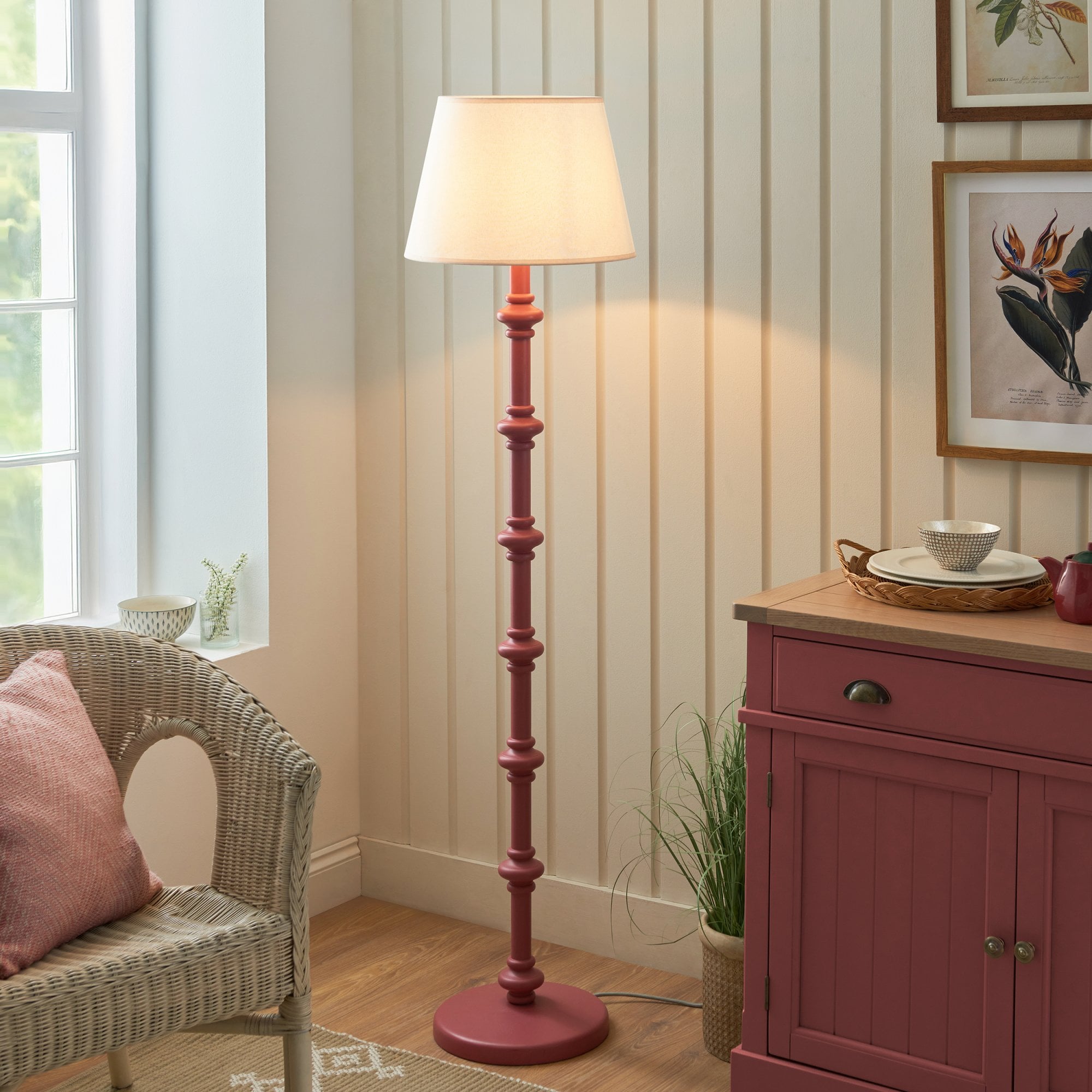 Endon Carnaby Satin Pink Clay Floor Lamp & Ivy 40cm Vintage White Shade