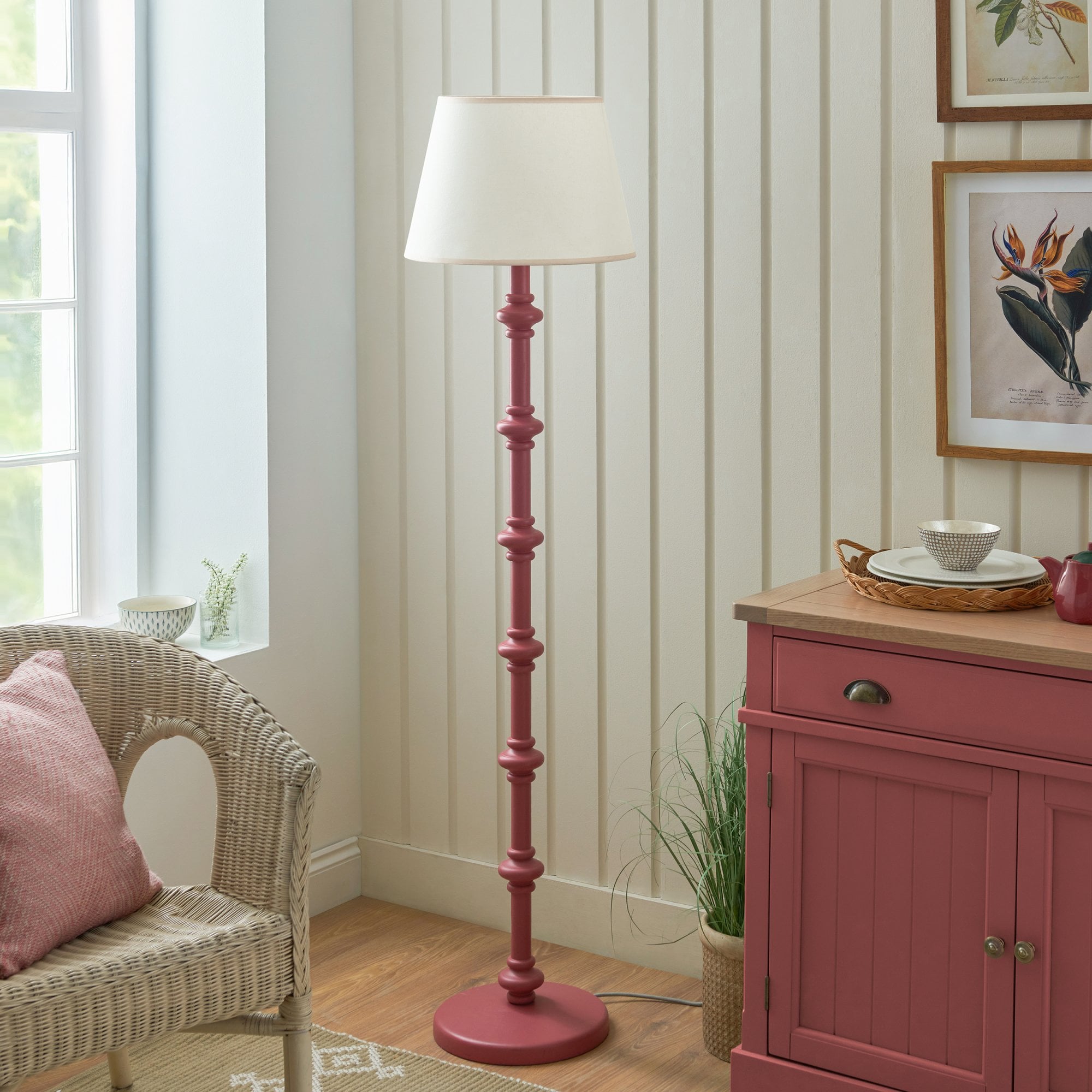 Endon Carnaby Satin Pink Clay Floor Lamp & Ivy 40cm Vintage White Shade