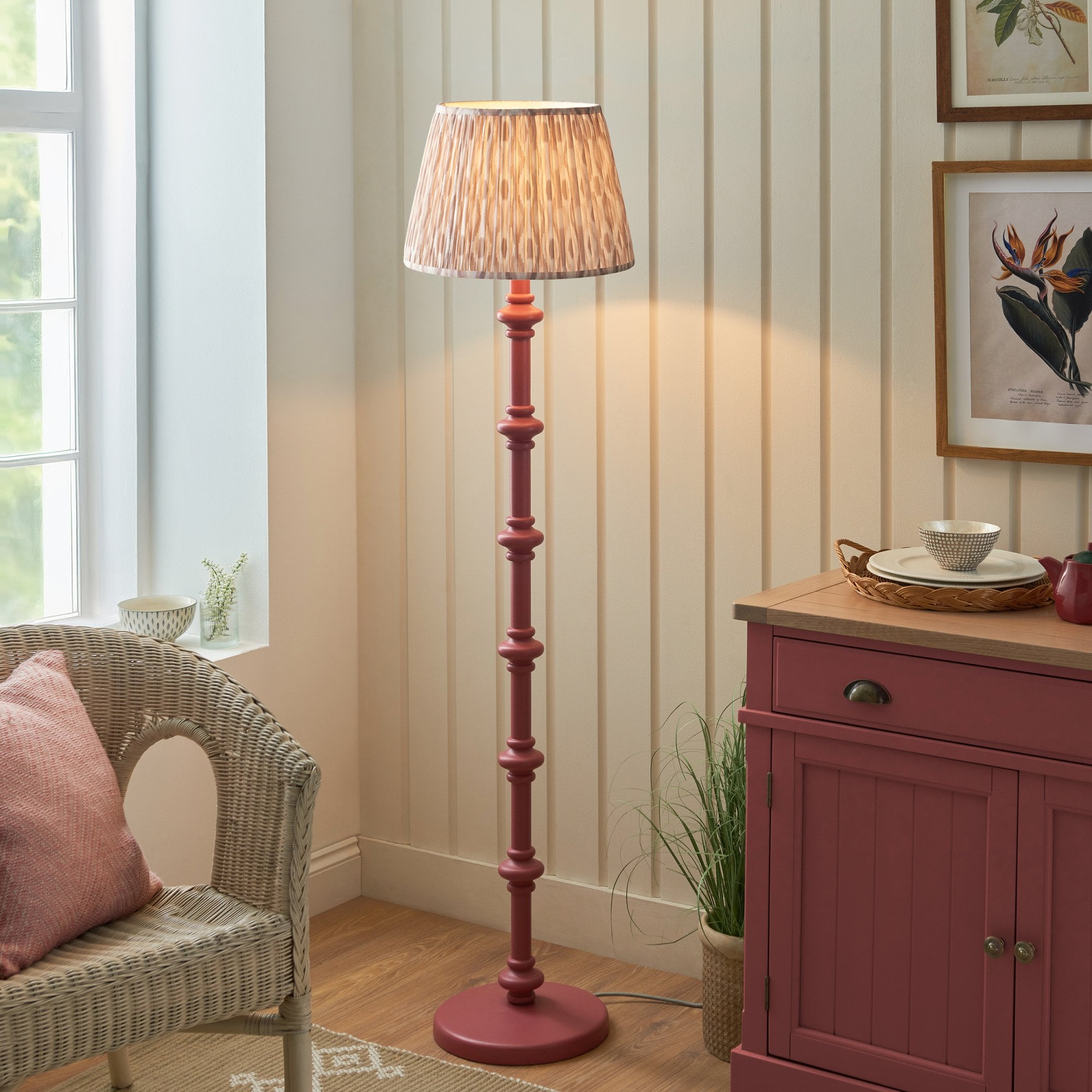 Endon Carnaby Satin Pink Clay Floor Lamp & Ikat 40cm Neutral Shade