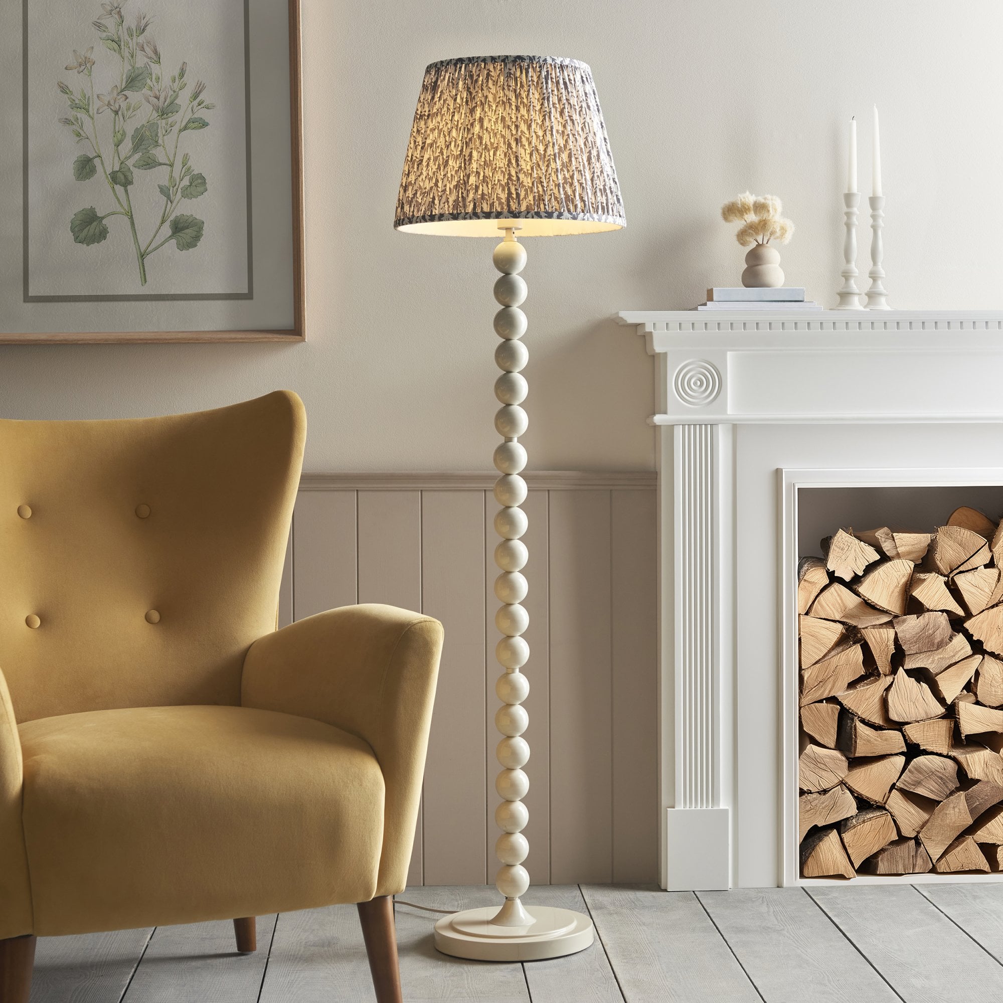 Endon Higgledy Gloss Almond White Floor Lamp & Leaf 40cm Pearl Grey Shade