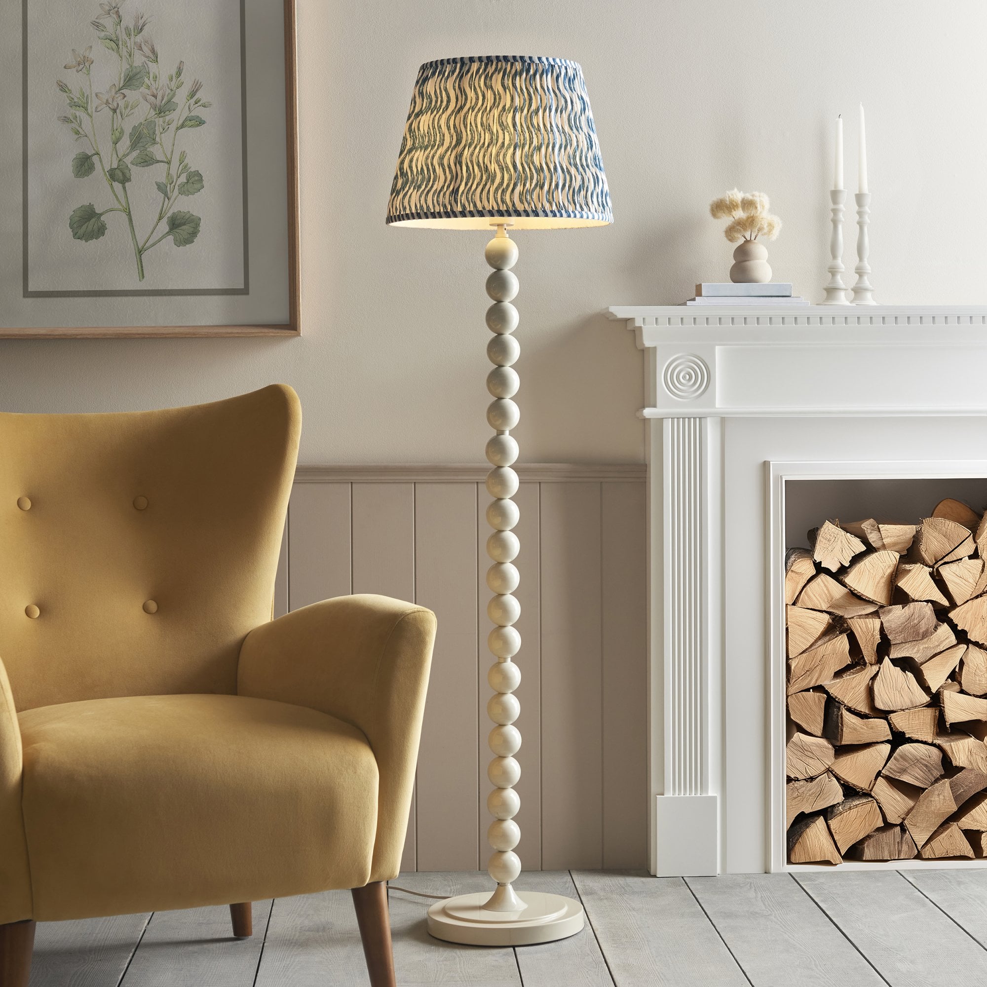 Endon Higgledy Gloss Almond White Floor Lamp & Ripple 40cm Marlin Blue Shade