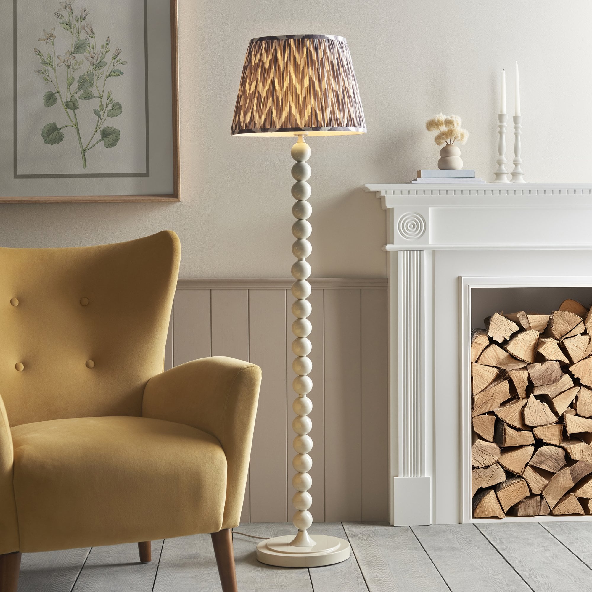 Endon Higgledy Gloss Almond White Floor Lamp & Zigzag 40cm Pearl Grey Shade