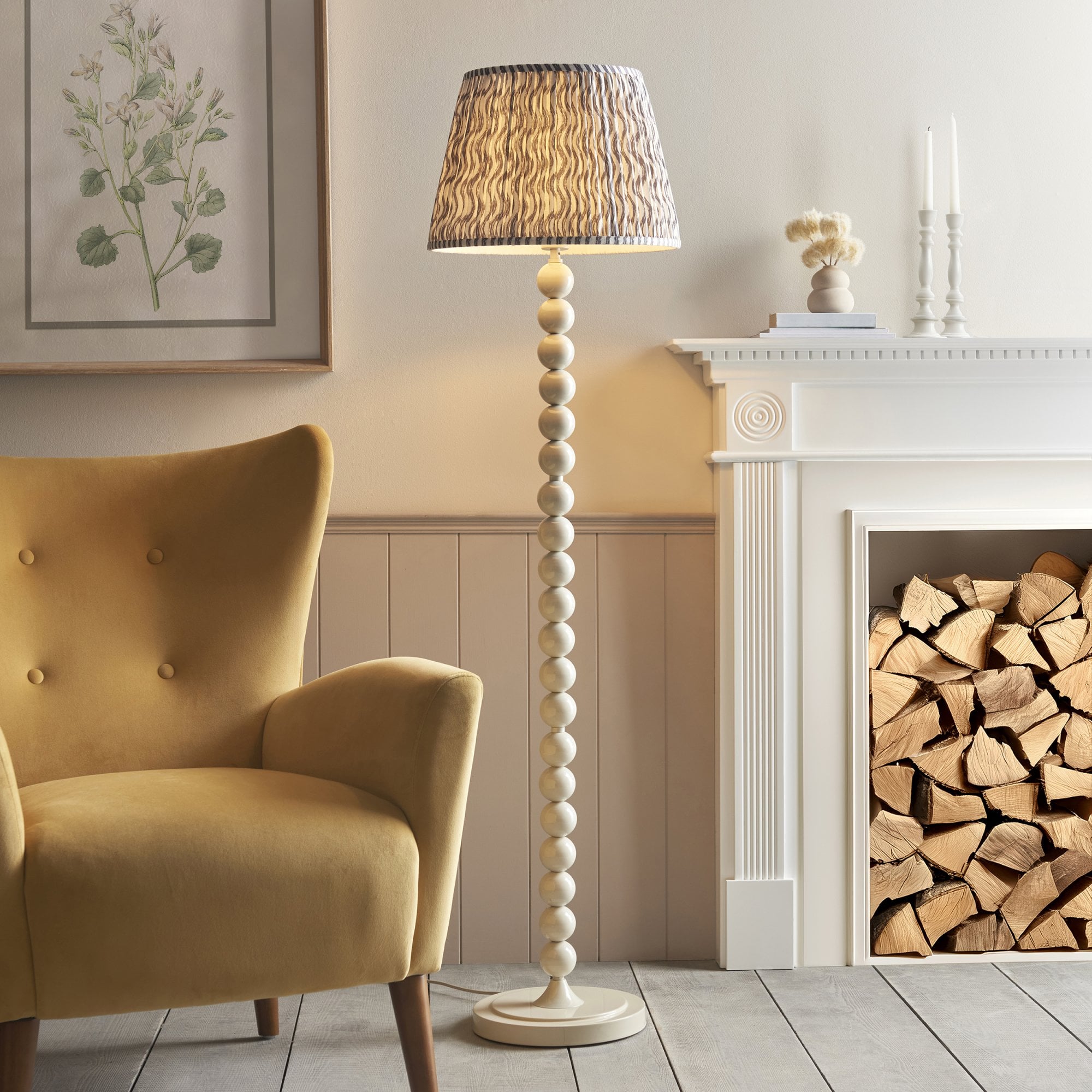 Endon Higgledy Gloss Almond White Floor Lamp & Ripple 40cm Pearl Grey Shade