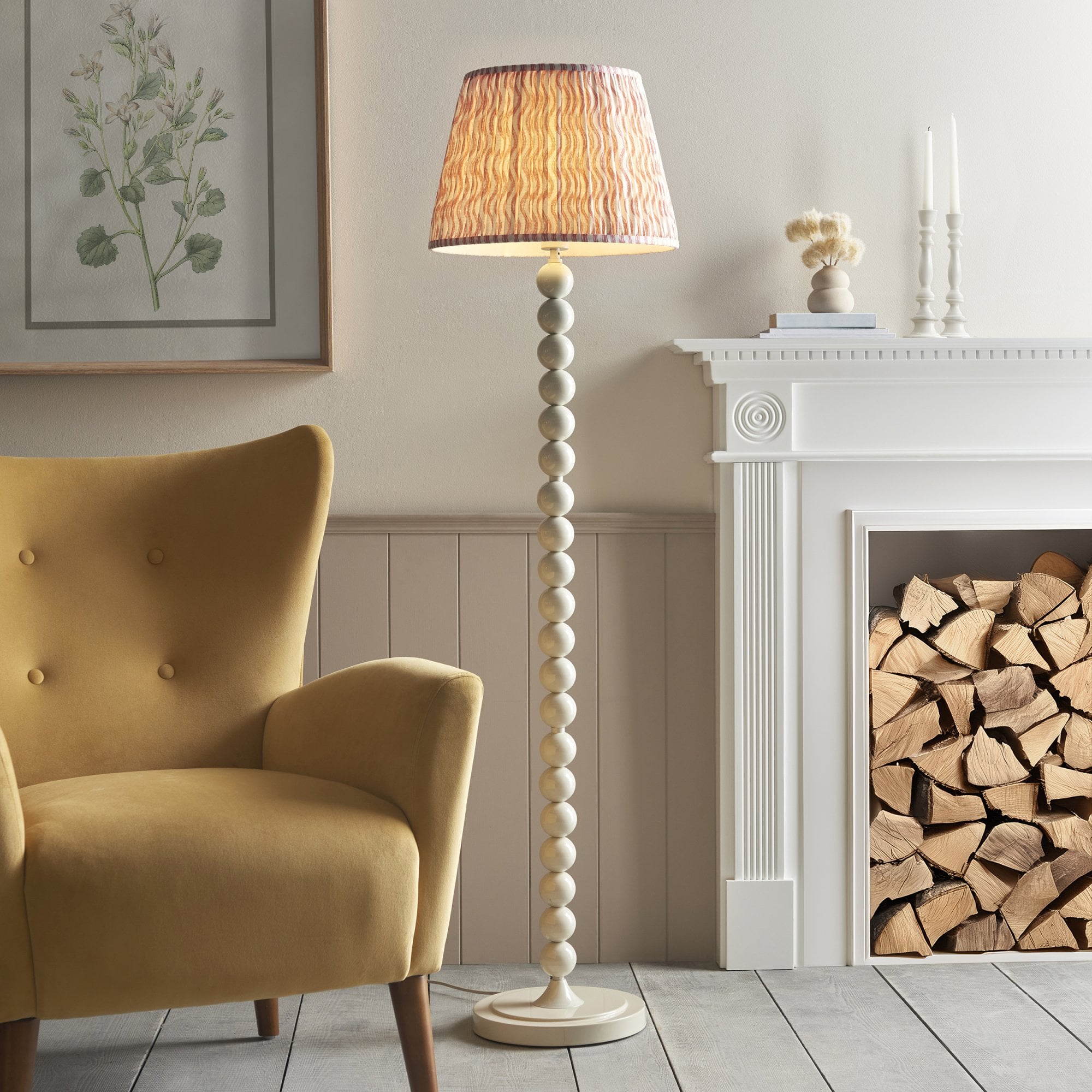 Endon Higgledy Gloss Almond White Floor Lamp & Ripple 40cm Coral Pink Shade