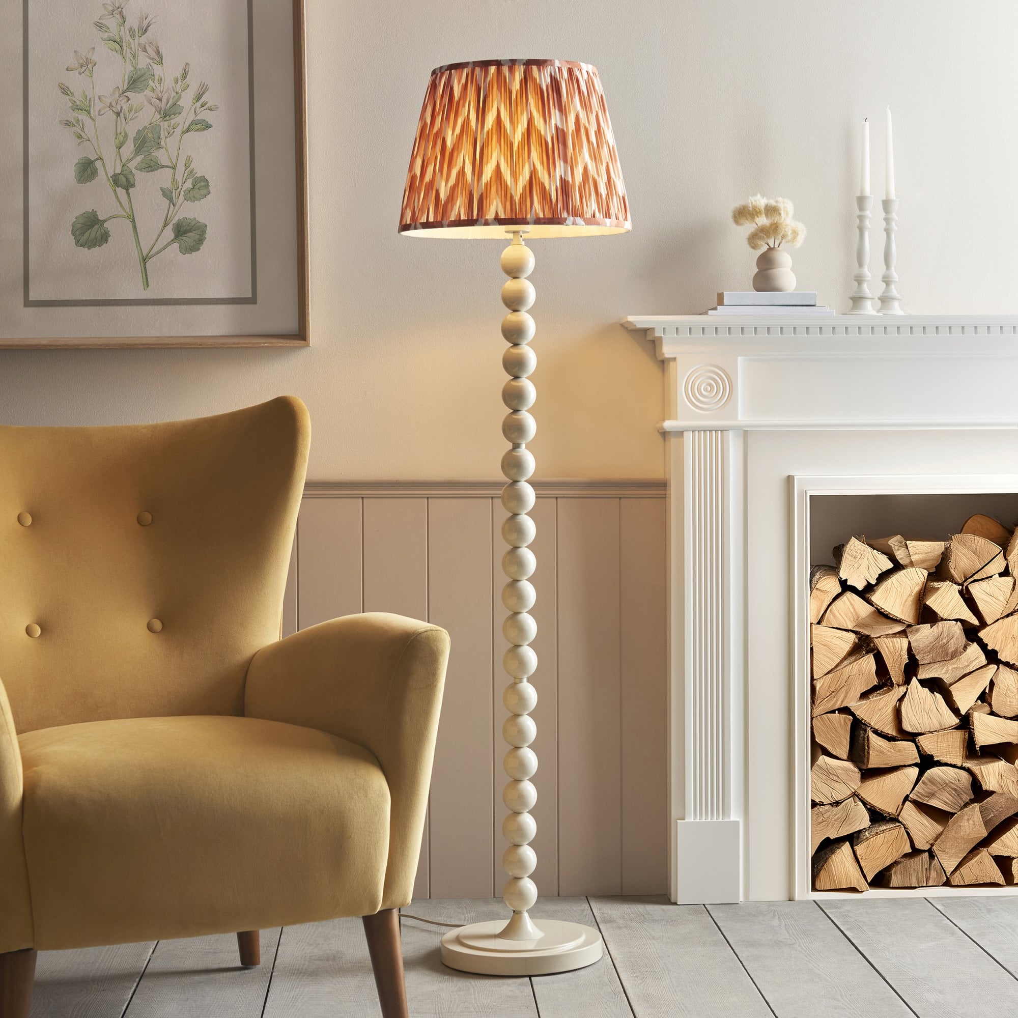 Endon Higgledy Gloss Almond White Floor Lamp & Zigzag 40cm Apricot Orange Shade