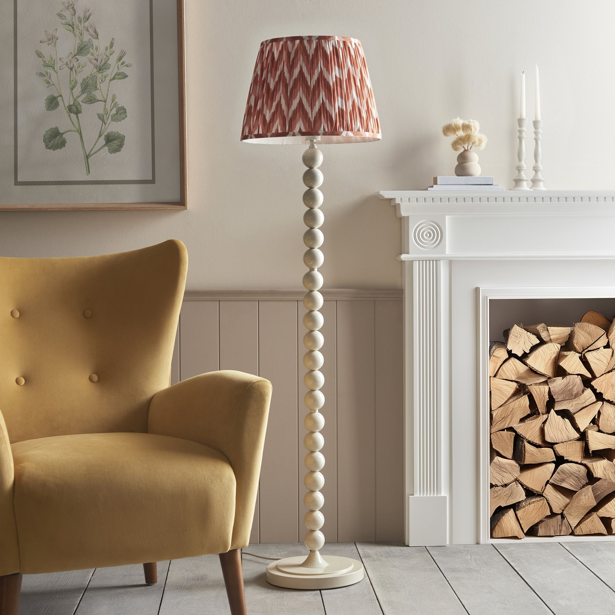Endon Higgledy Gloss Almond White Floor Lamp & Zigzag 40cm Apricot Orange Shade