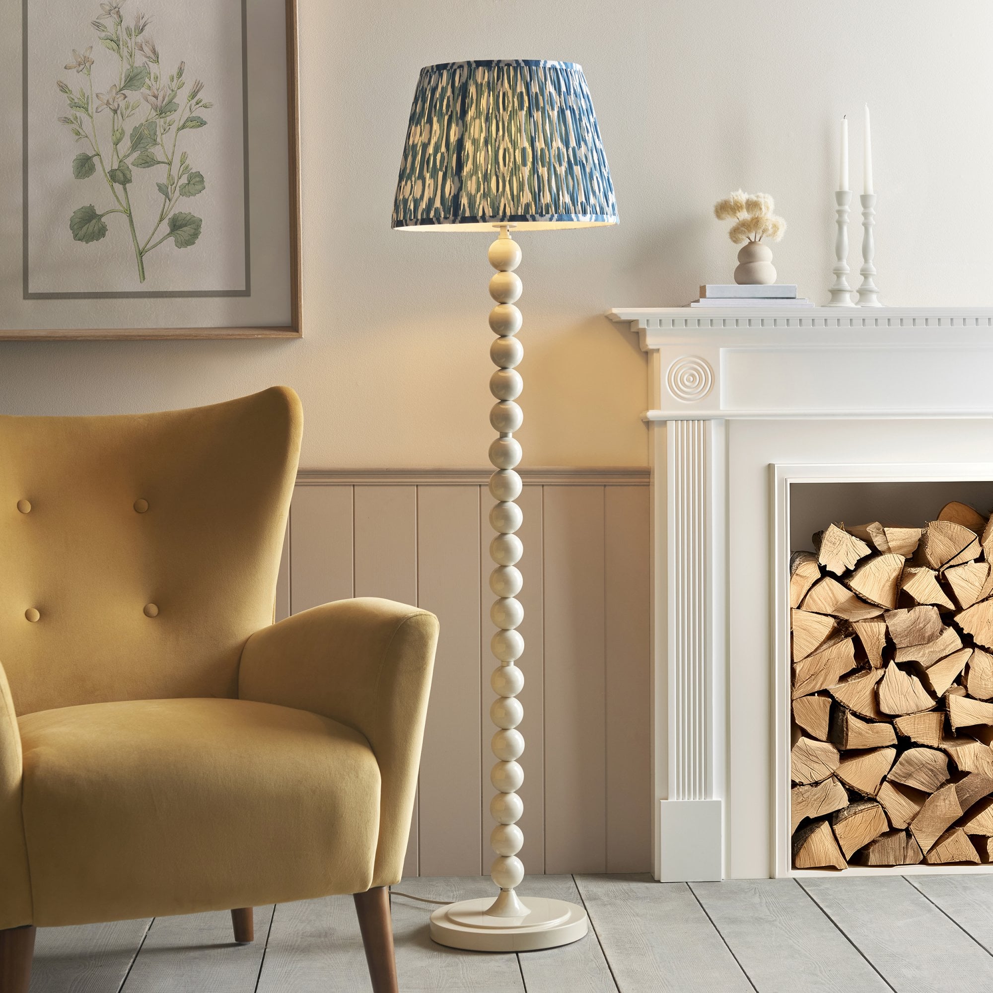 Endon Higgledy Gloss Almond White Floor Lamp & Ikat 40cm Marlin Blue Shade