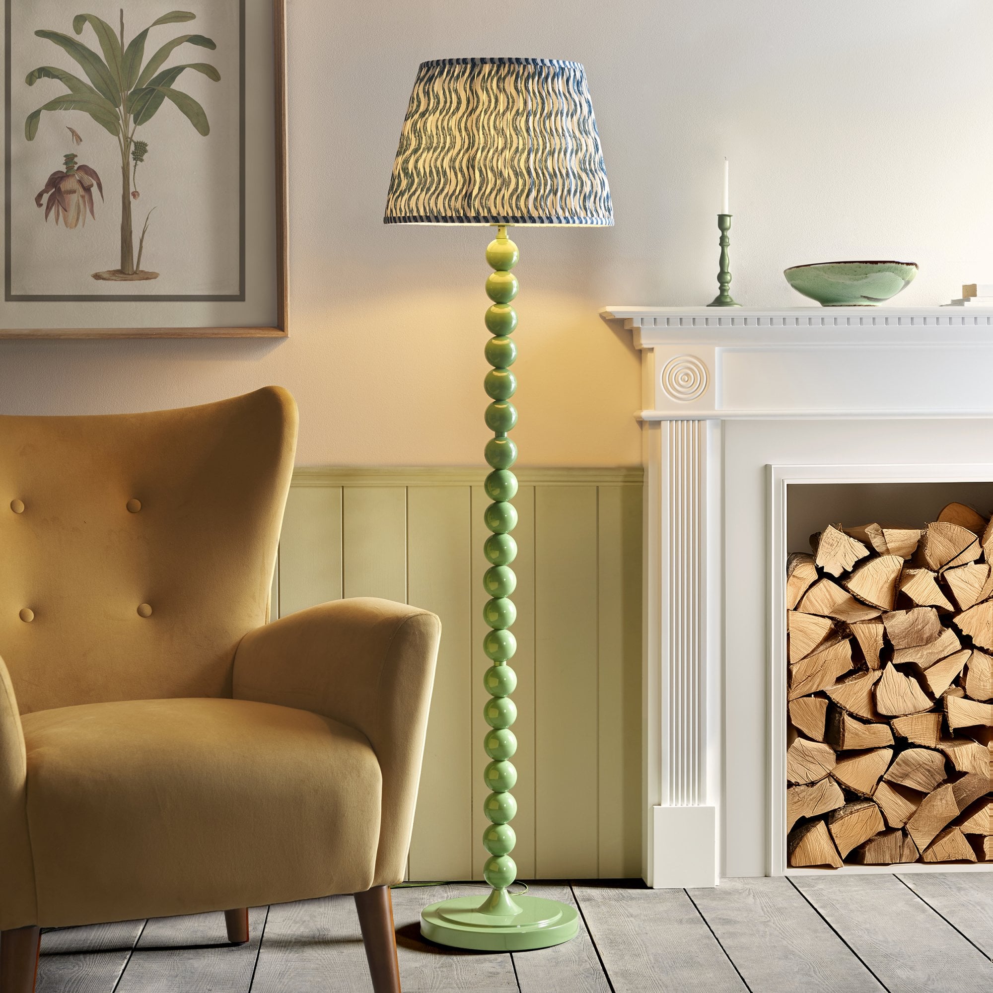 Endon Higgledy Gloss Cotswold Green Floor Lamp & Ripple 40cm Marlin Blue Shade