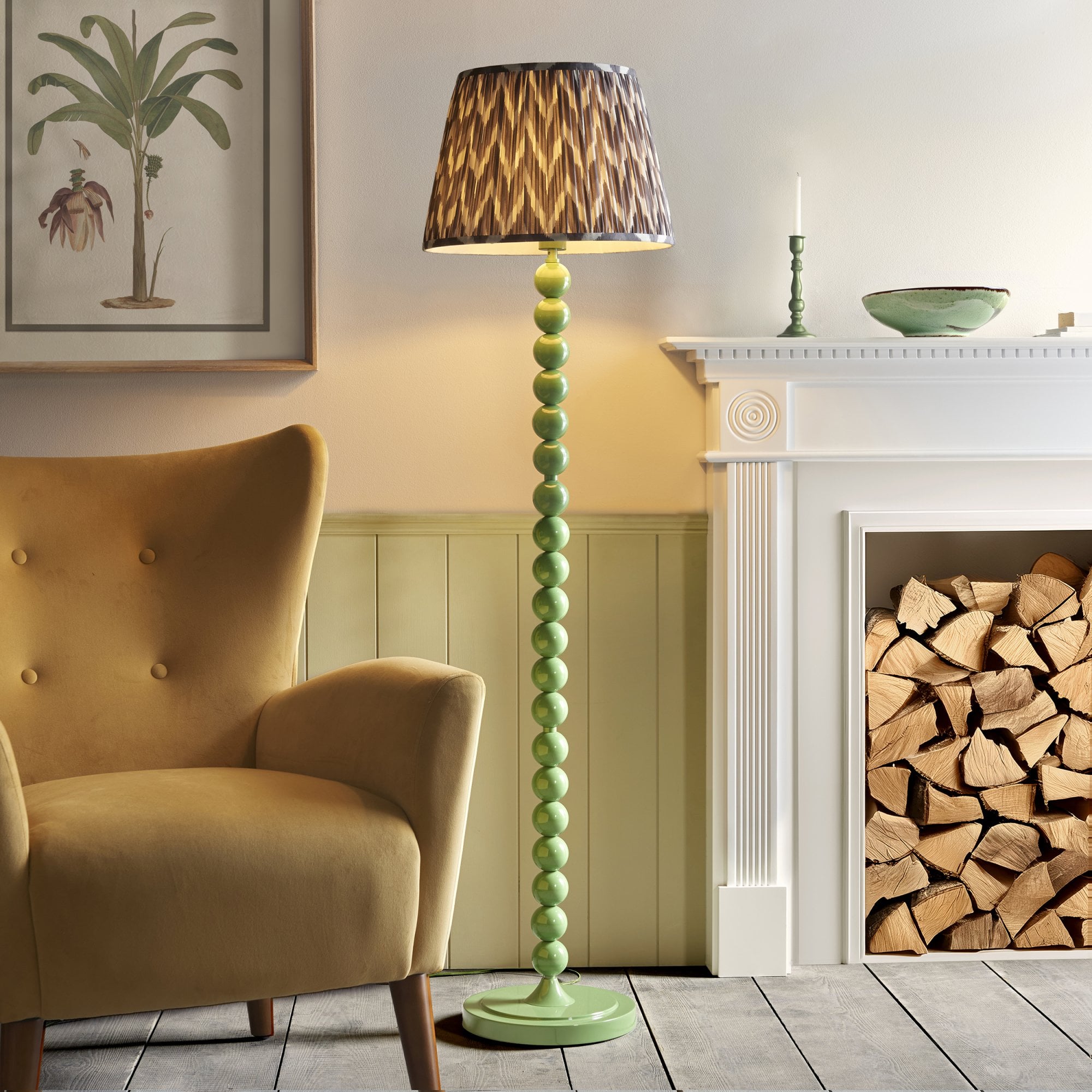 Endon Higgledy Gloss Cotswold Green Floor Lamp & Zigzag 40cm Pearl Grey Shade