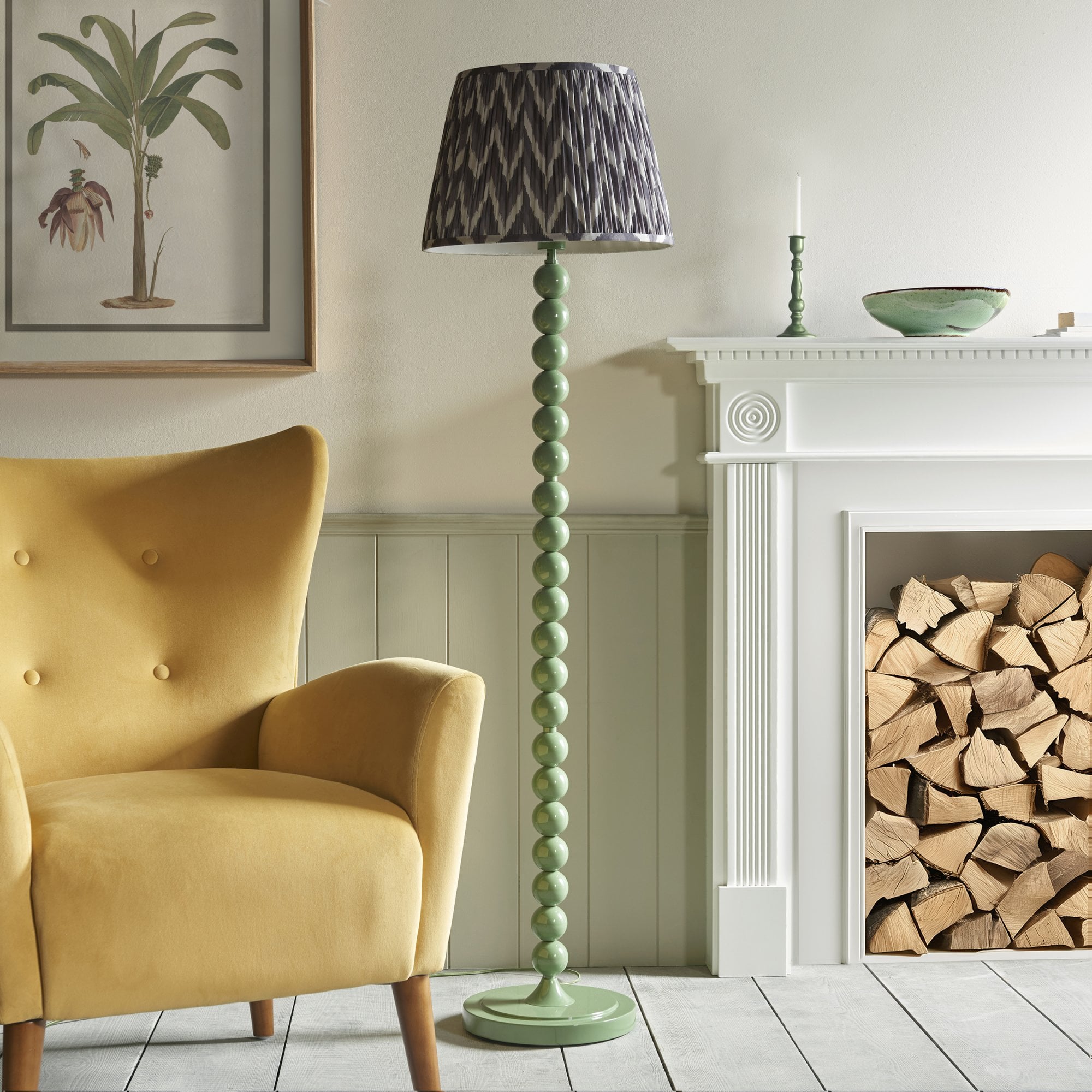 Endon Higgledy Gloss Cotswold Green Floor Lamp & Zigzag 40cm Pearl Grey Shade